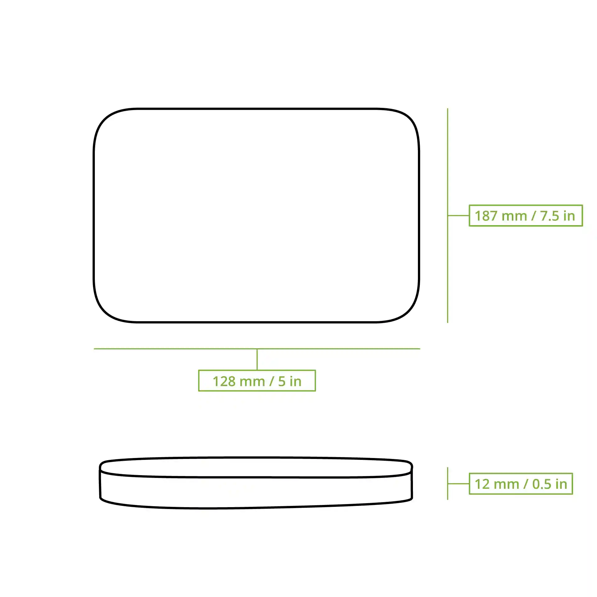 Dessin schématique d'un couvercle rectangulaire réutilisable avec des dimensions de 187 mm par 128 mm et une hauteur de 12 mm.