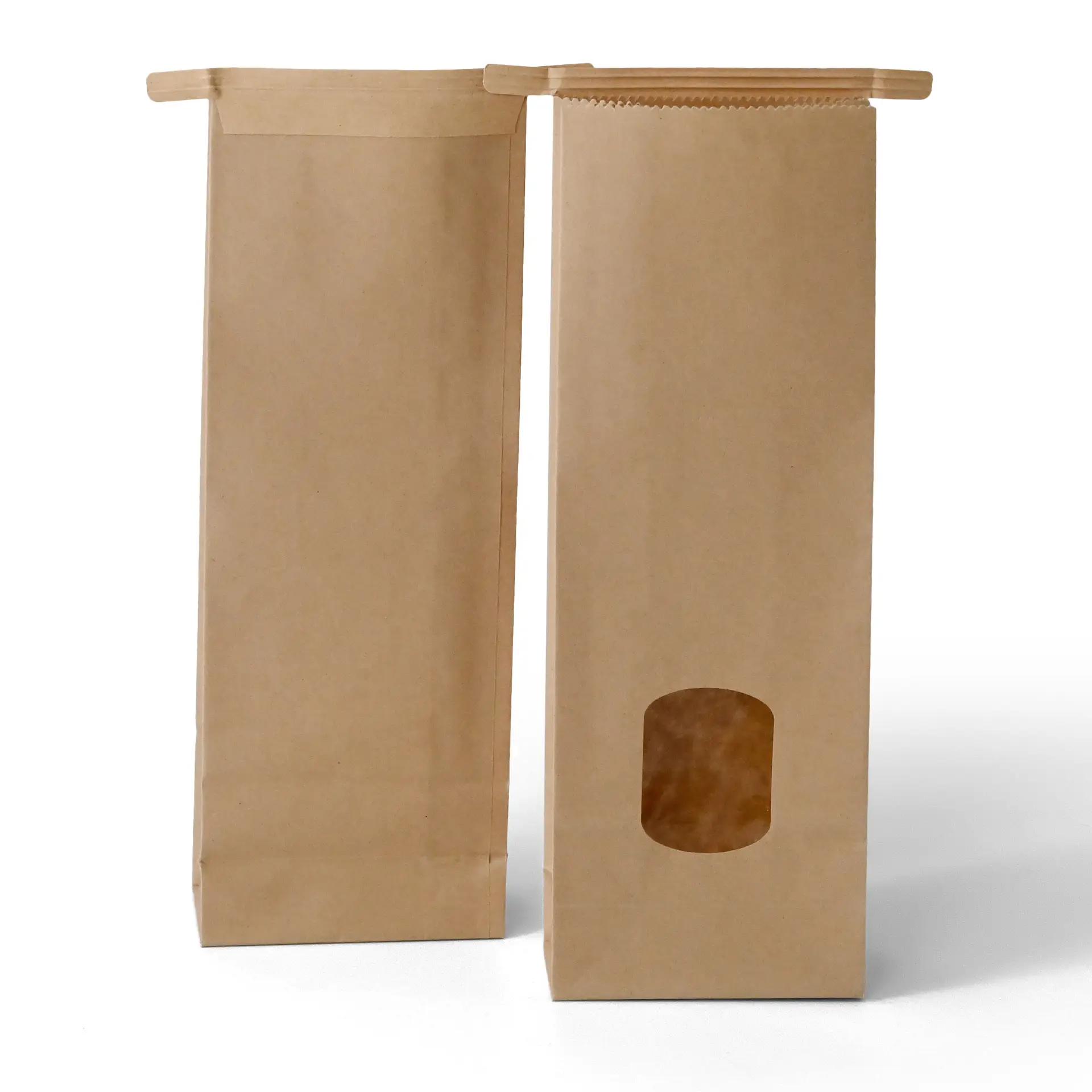 Sacs en papier kraft marron avec fenêtre, fermeture à fil métallique, dimensions 8,5 x 5 x 24 cm.