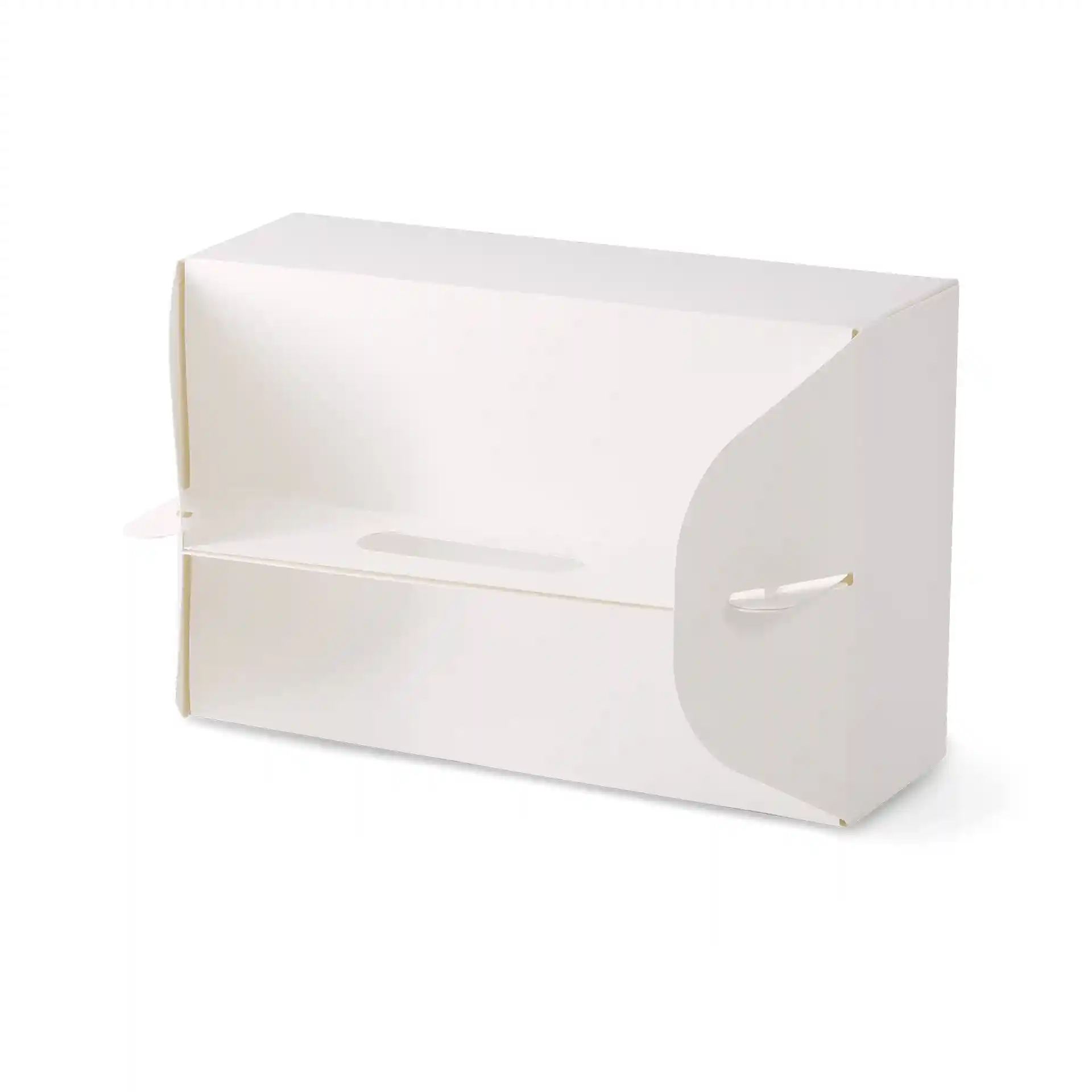 Boîte à pâtisserie en carton rectangulaire blanche avec poignée, mesurant 26 x 17 x 9 cm, design pliable.