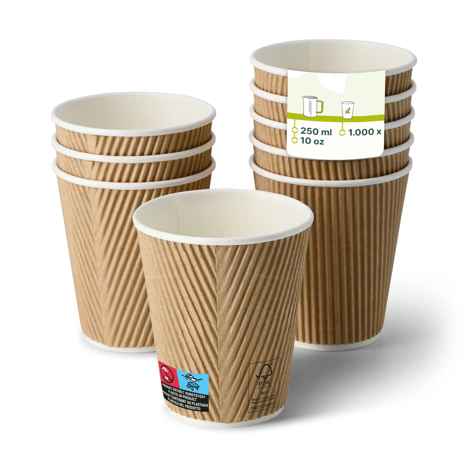 Tasses à café Ripple marron avec intérieur blanc ; empilement de cinq avec étiquette visible. Chaque tasse contient 250 ml.