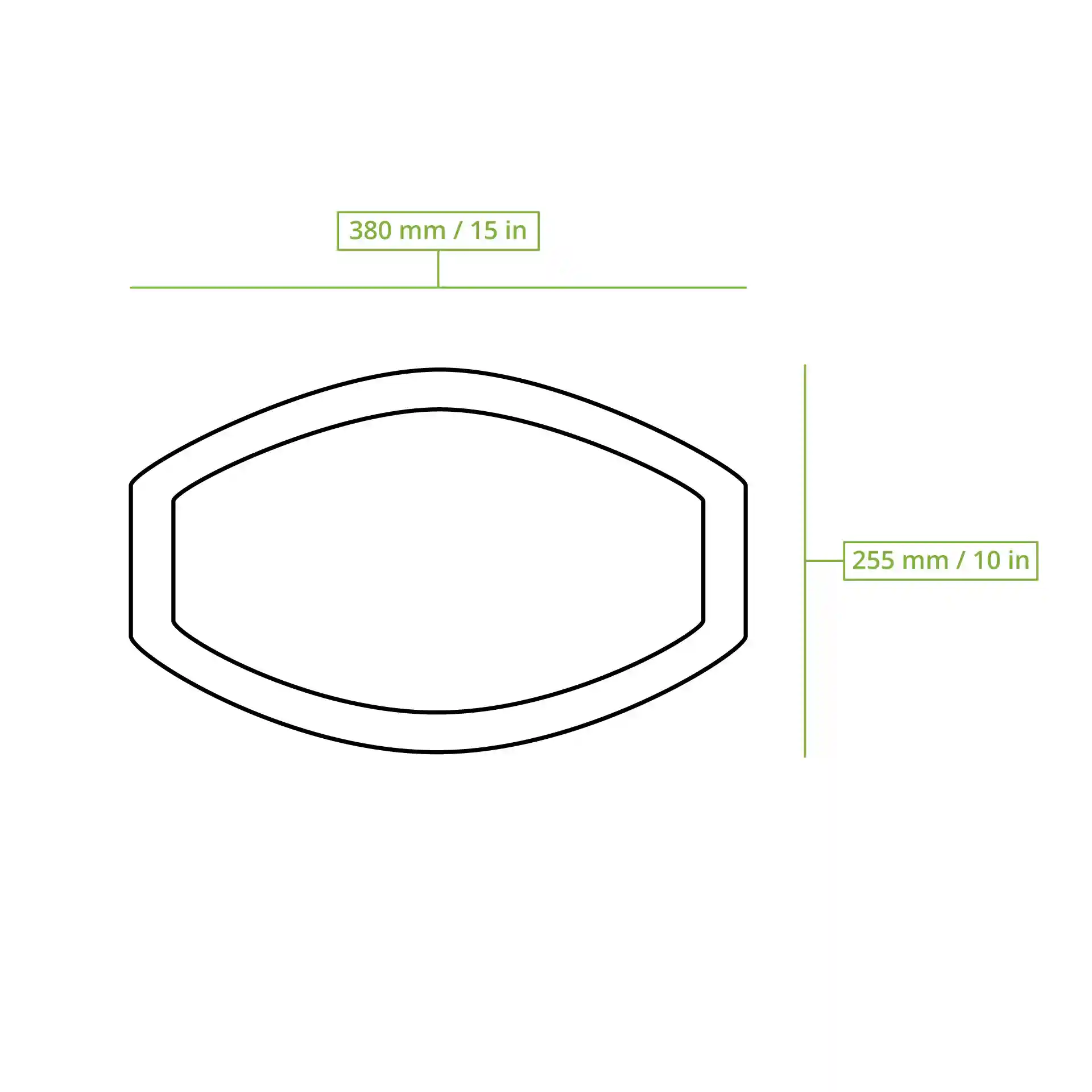 Dessin schématique d'un plateau rectangulaire en feuille de palmier avec des dimensions de 380 mm par 255 mm.