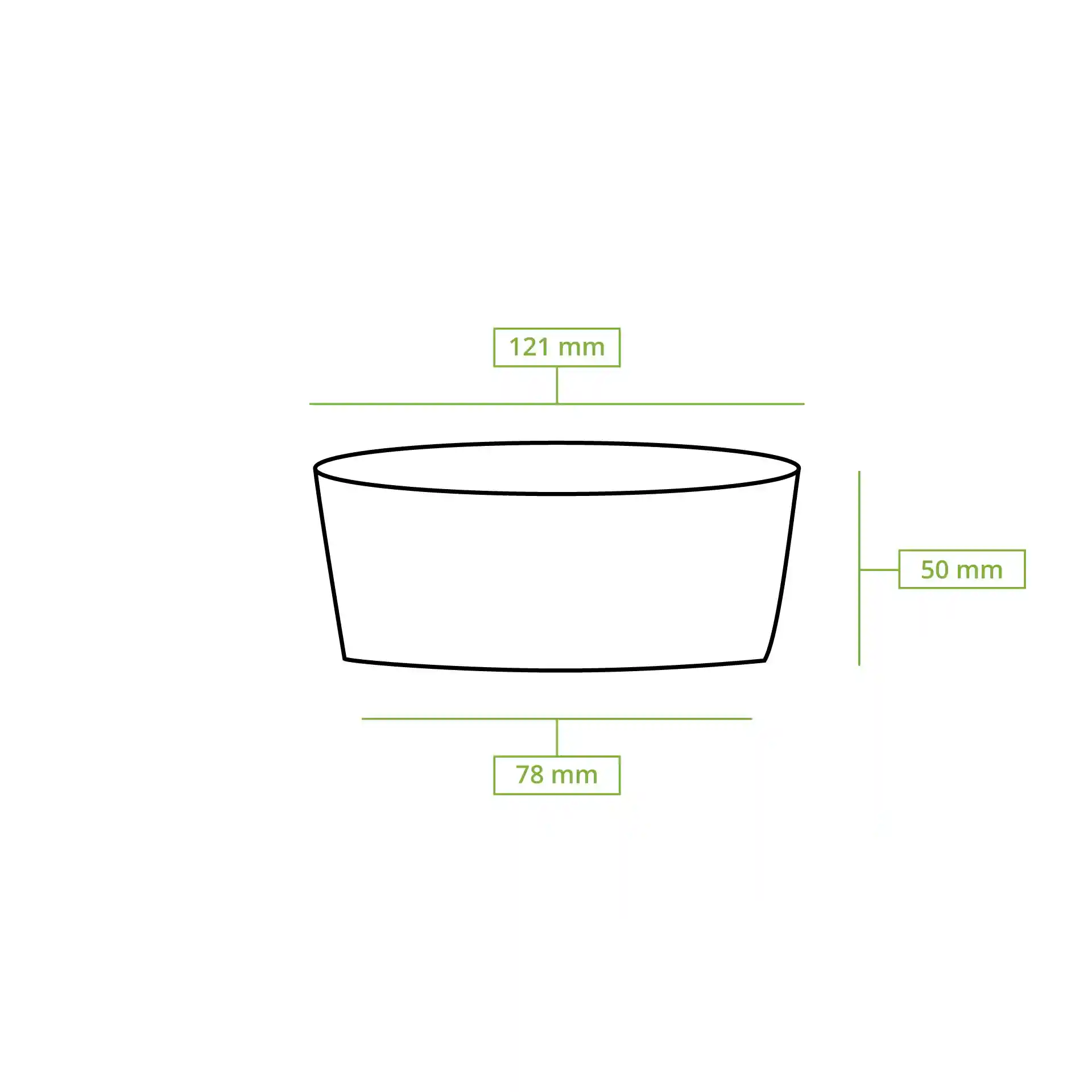 Dessin schématique d'un contenant rond pour charcuterie avec dimensions : 121 mm de diamètre, 50 mm de hauteur et 78 mm de diamètre de fond.