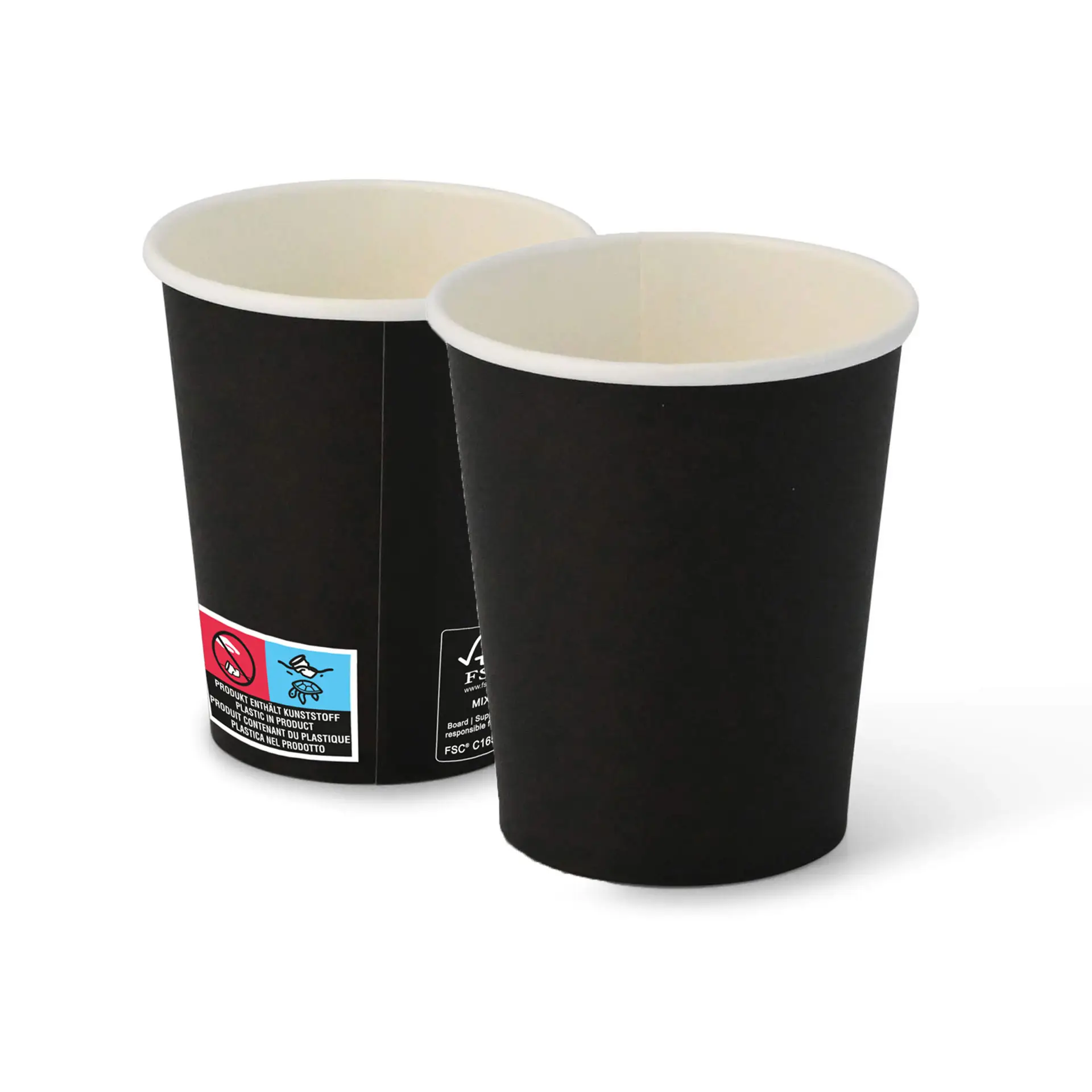 Deux gobelets en papier noirs de forme ronde, montrant l'intérieur et l'extérieur, sur un fond uni.