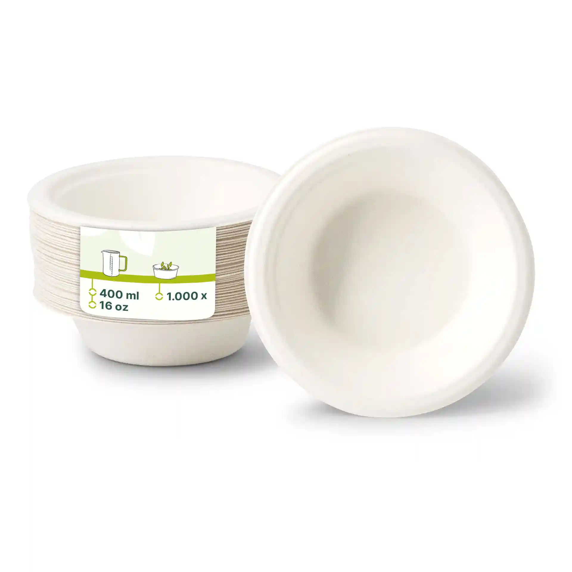 Bols ronds en canne à sucre blancs, capacité de 400 ml, avec une étiquette indiquant les dimensions et la quantité.