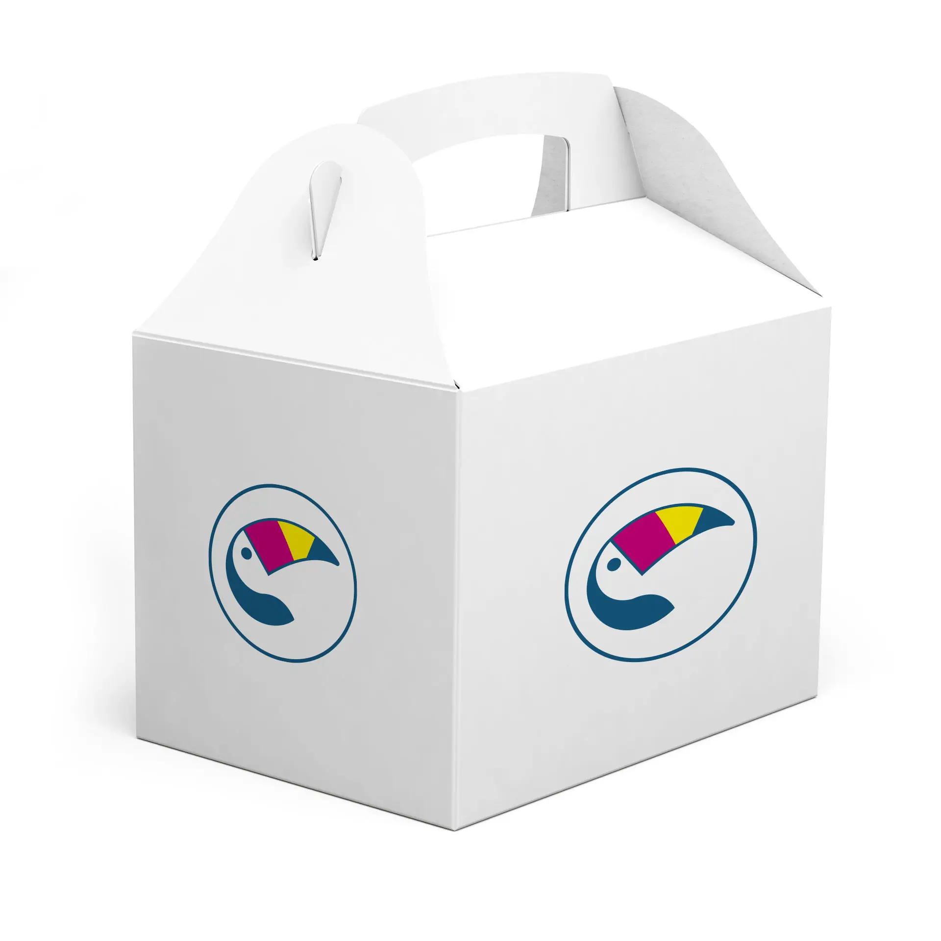 Boîte à lunch en carton blanc avec poignée et design de logo coloré, dimensions 20 x 14 x 14 cm.