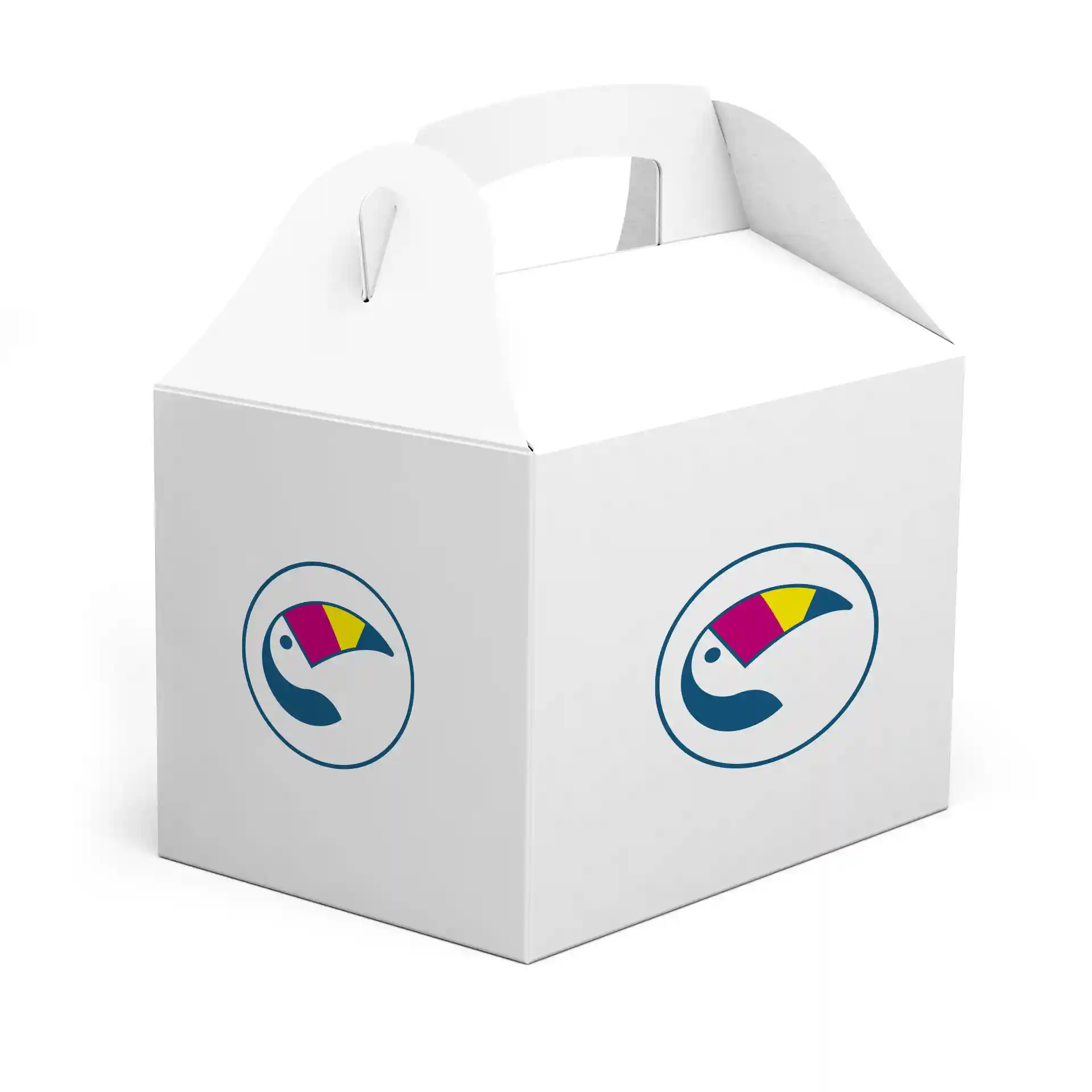 Boîte à lunch blanche avec poignée, présentant un logo d'oiseau coloré à l'avant, mesurant 20 x 14 x 14 cm.