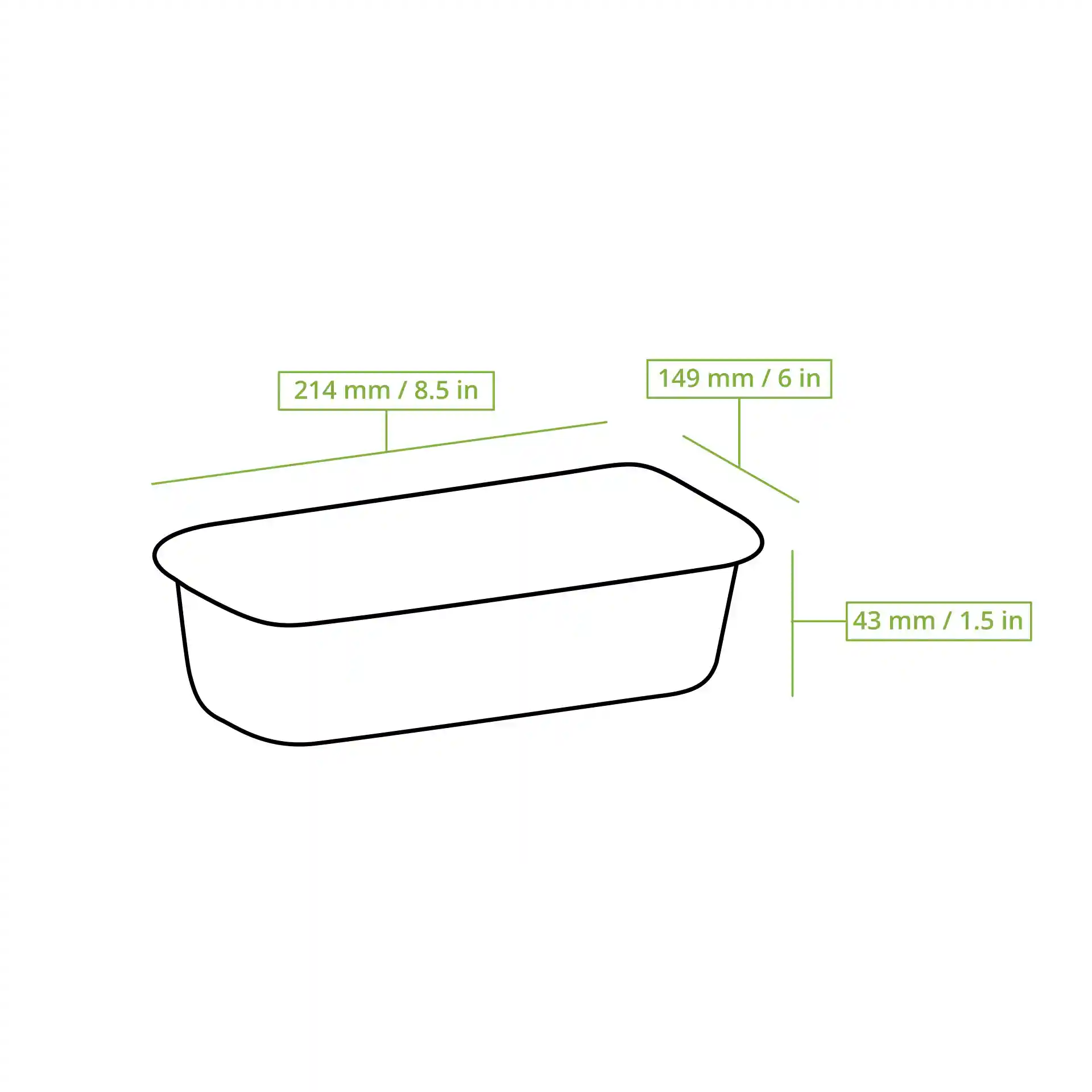 Dessin schématique d'un conteneur en aluminium rectangulaire avec des dimensions de 214 mm x 149 mm x 43 mm.
