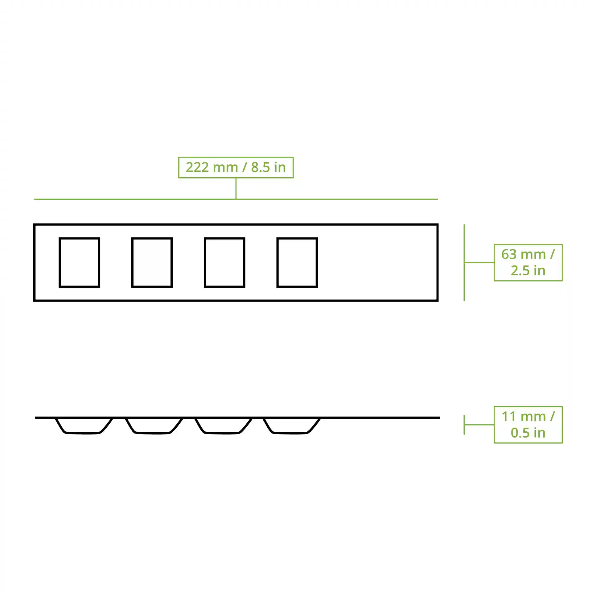 Dessin schématique d'un distributeur de médicaments rectangulaire avec quatre compartiments et des lignes de dimension.