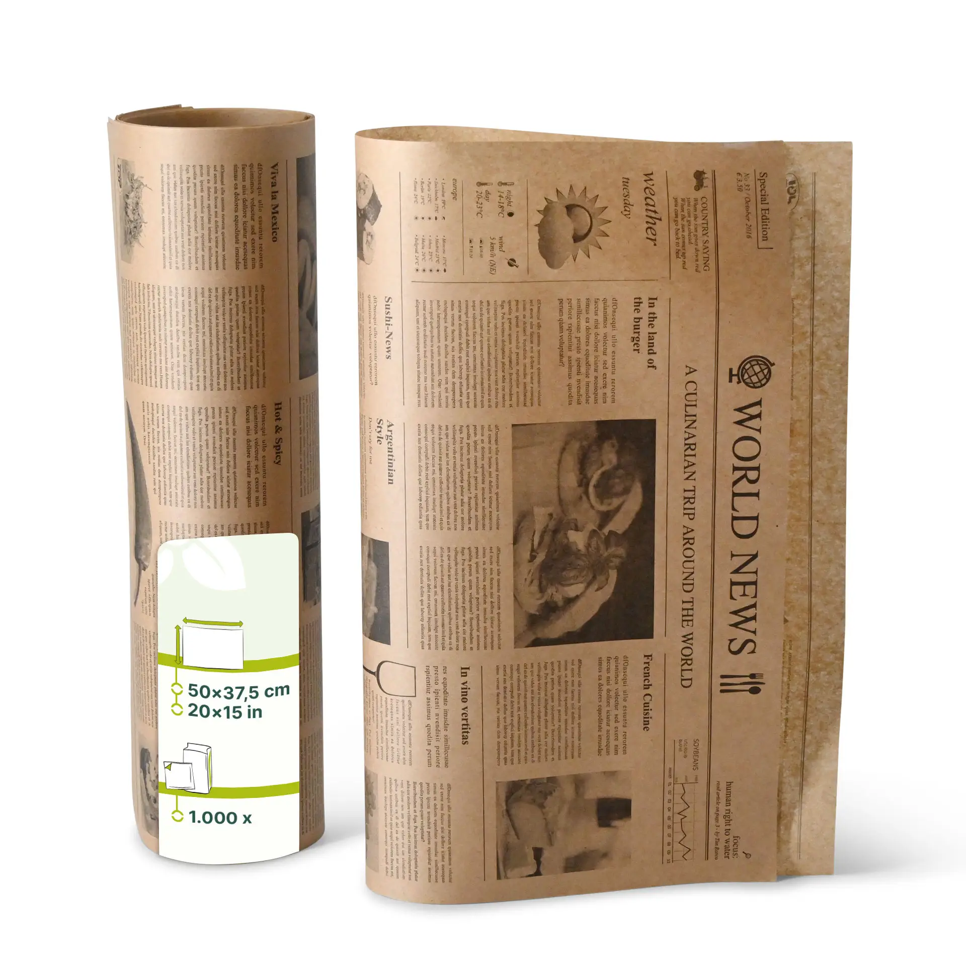 Papier alimentaire ingraissable, impression journal, 50 x 37,5 cm