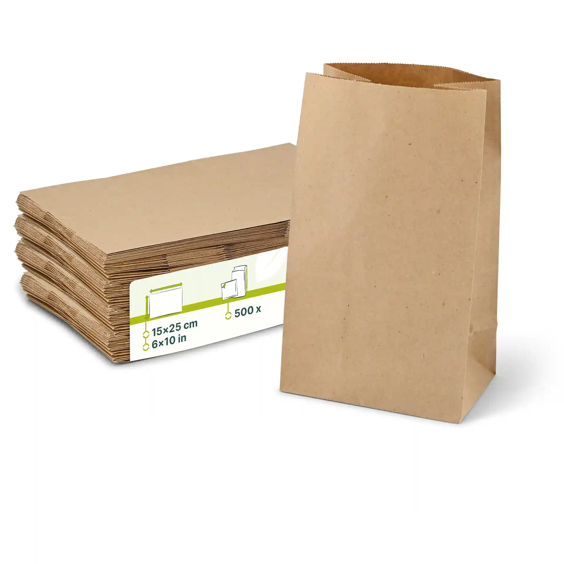Sac en papier kraft brun à fond plat, 15 x 25 cm, avec une pile de sacs derrière et une étiquette indiquant les dimensions.