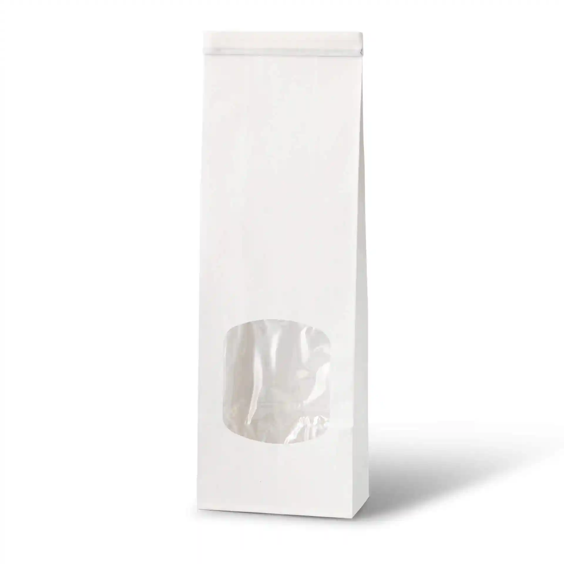 Sac à fond plat blanc avec fenêtre transparente, mesurant 9 x 4,5 x 26 cm, en papier kraft.