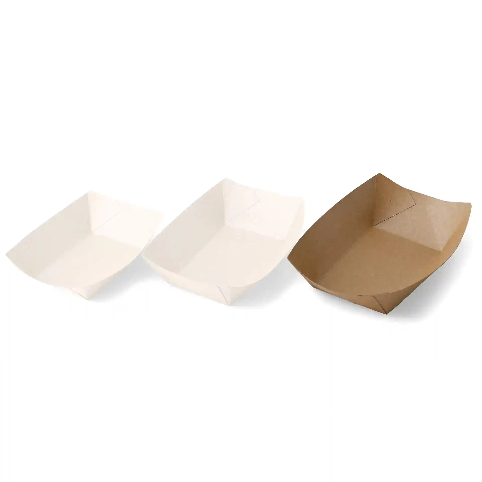 Image de trois plateaux alimentaires en carton blancs et bruns, de forme rectangulaire avec des bords pliés.