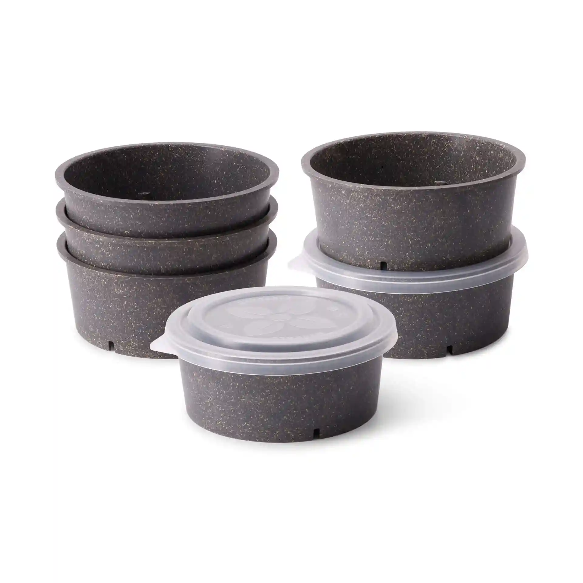 Ensemble de quatre bols ronds réutilisables gris avec couvercle, chacun d'une capacité de 650 ml.