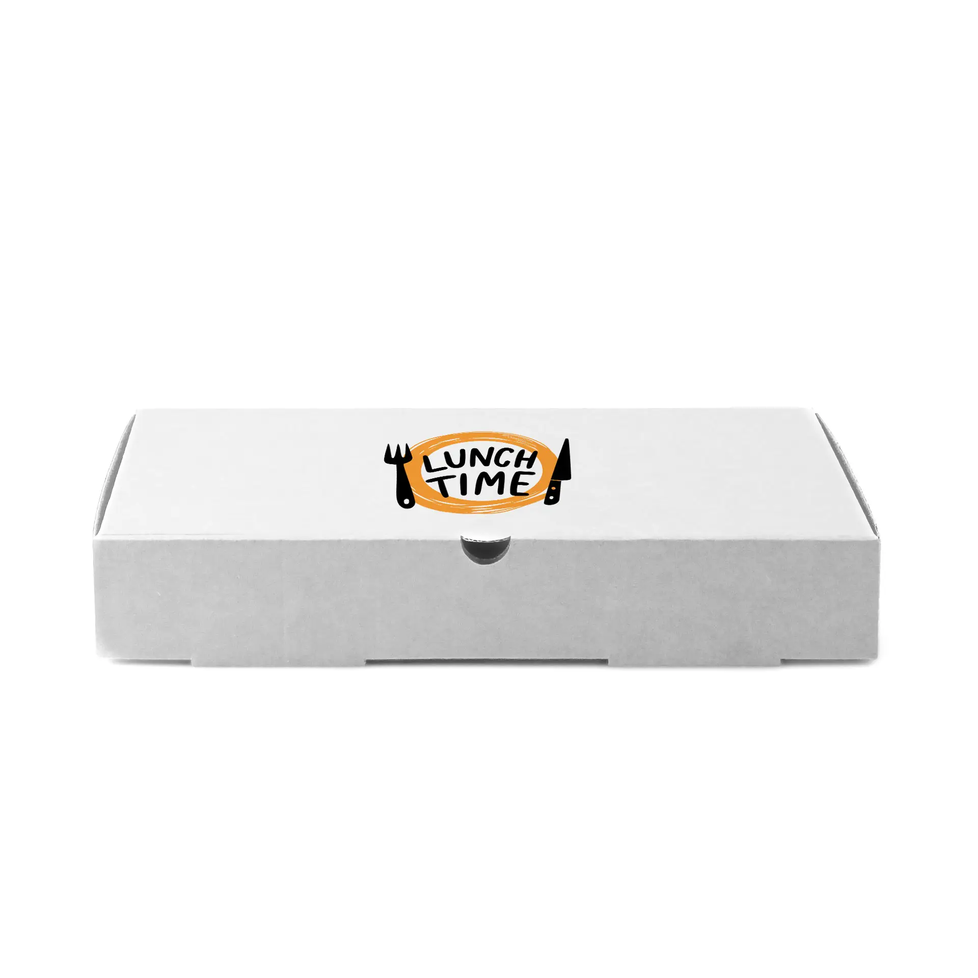 Boîte à pizza blanche avec un logo orange circulaire affichant le texte "LUNCH TIME" et des ustensiles. Dimensions : 28 x 28 x 4 cm.