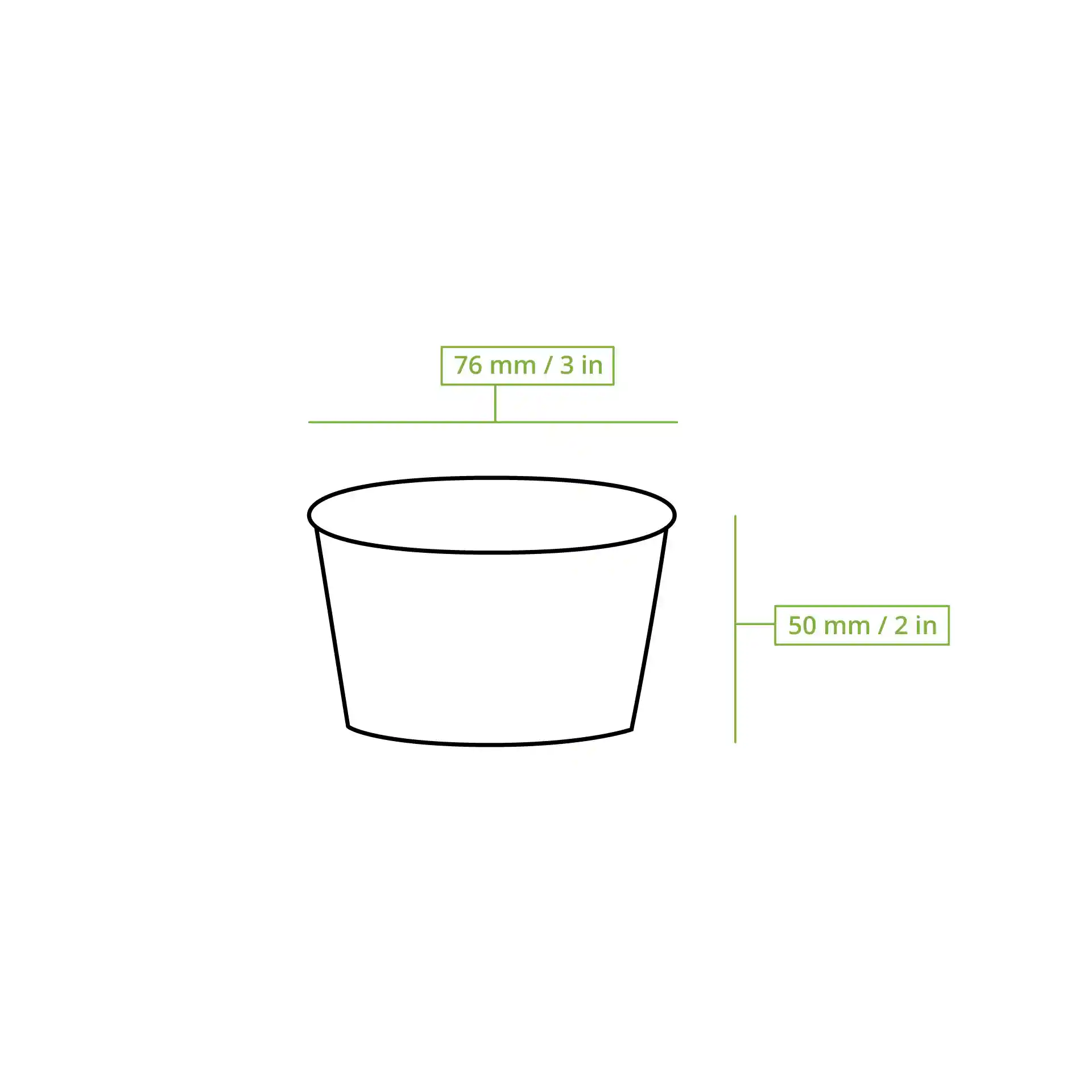 Dessin schématique d'un gobelet en carton pour glace avec un diamètre de 76 mm et une hauteur de 50 mm.