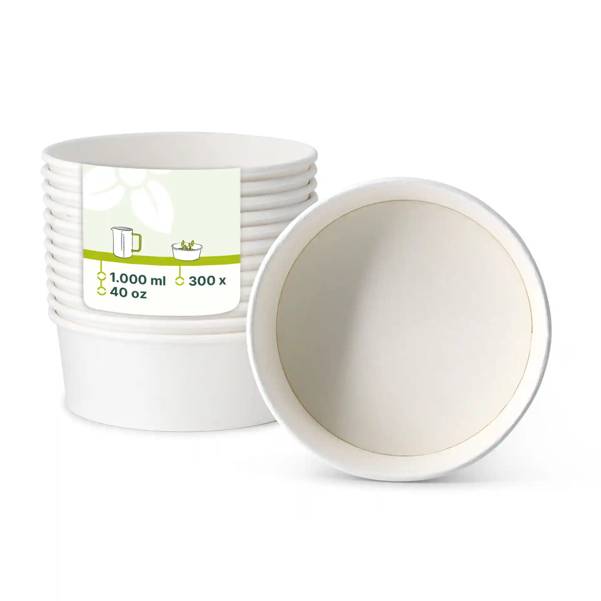 Empilement de bols en papier blancs avec une étiquette indiquant une capacité de 1000 ml et des dimensions, un bol est tourné pour montrer l'intérieur.
