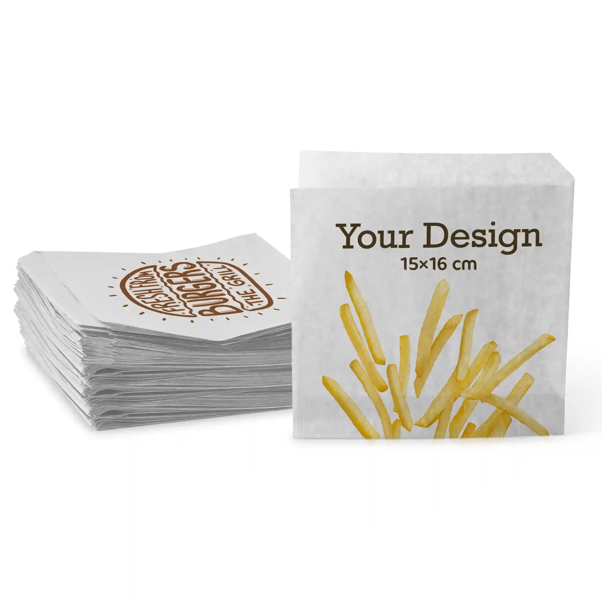 Manches à burger imprimés en blanc, mesurant 16 x 15 cm, avec un design de frites jaunes.