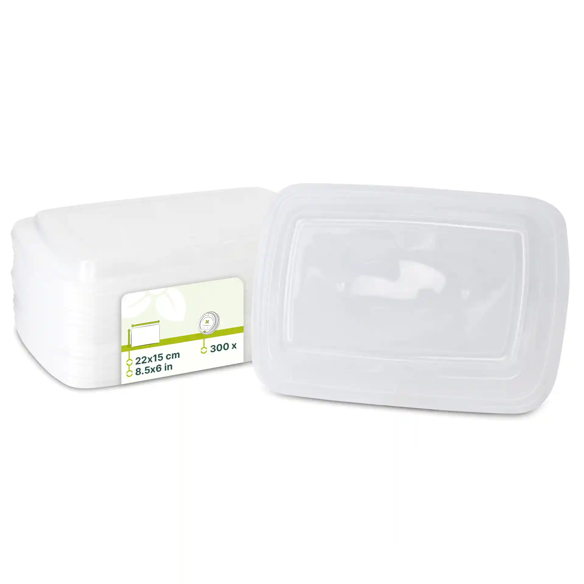 Couvercle rectangulaire transparent réutilisable en PP, montrant des dimensions de 22x15 cm et une étiquette avec des marquages.