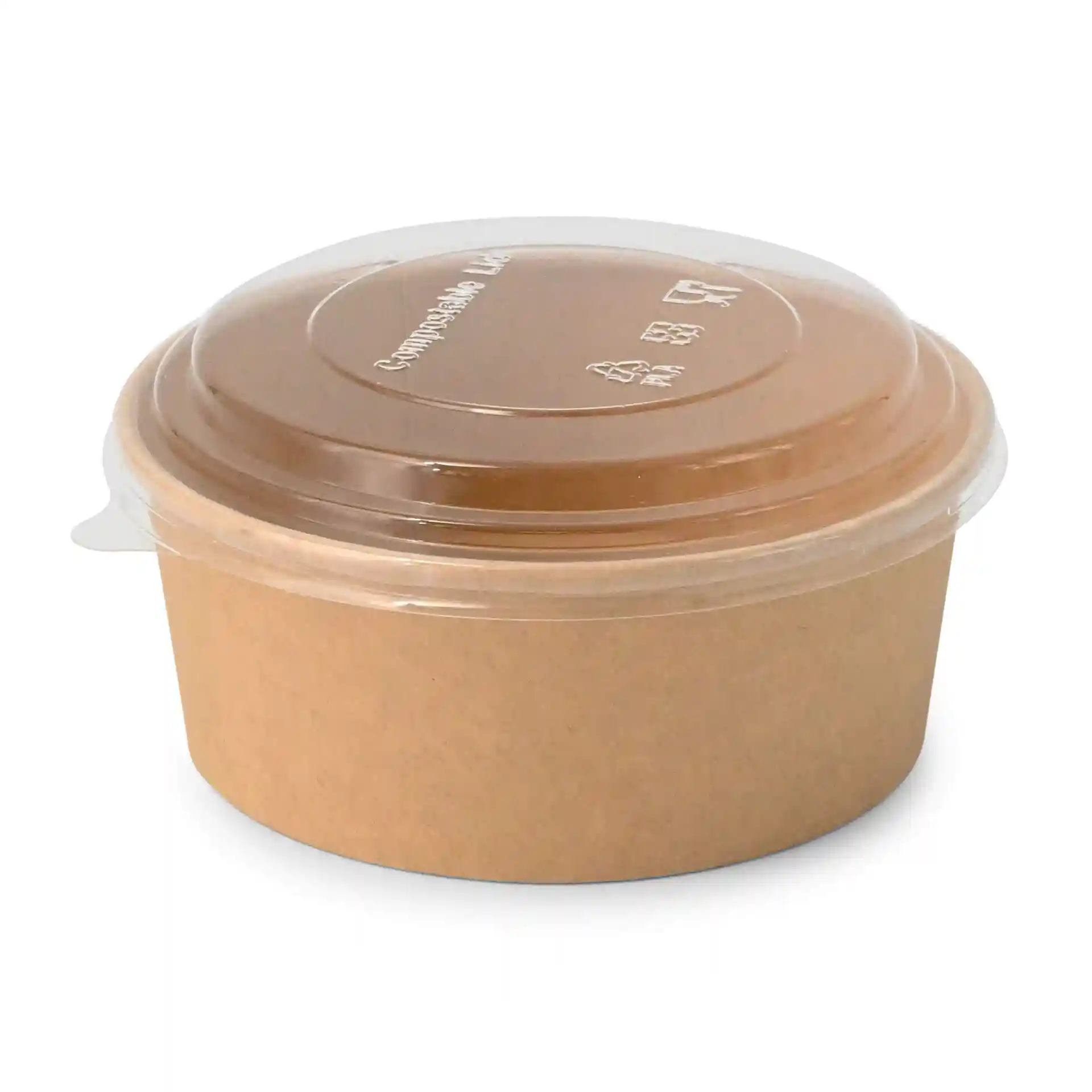 Bol en papier brun rond avec couvercle transparent, capacité de 650 ml, en carton avec un revêtement écologique.