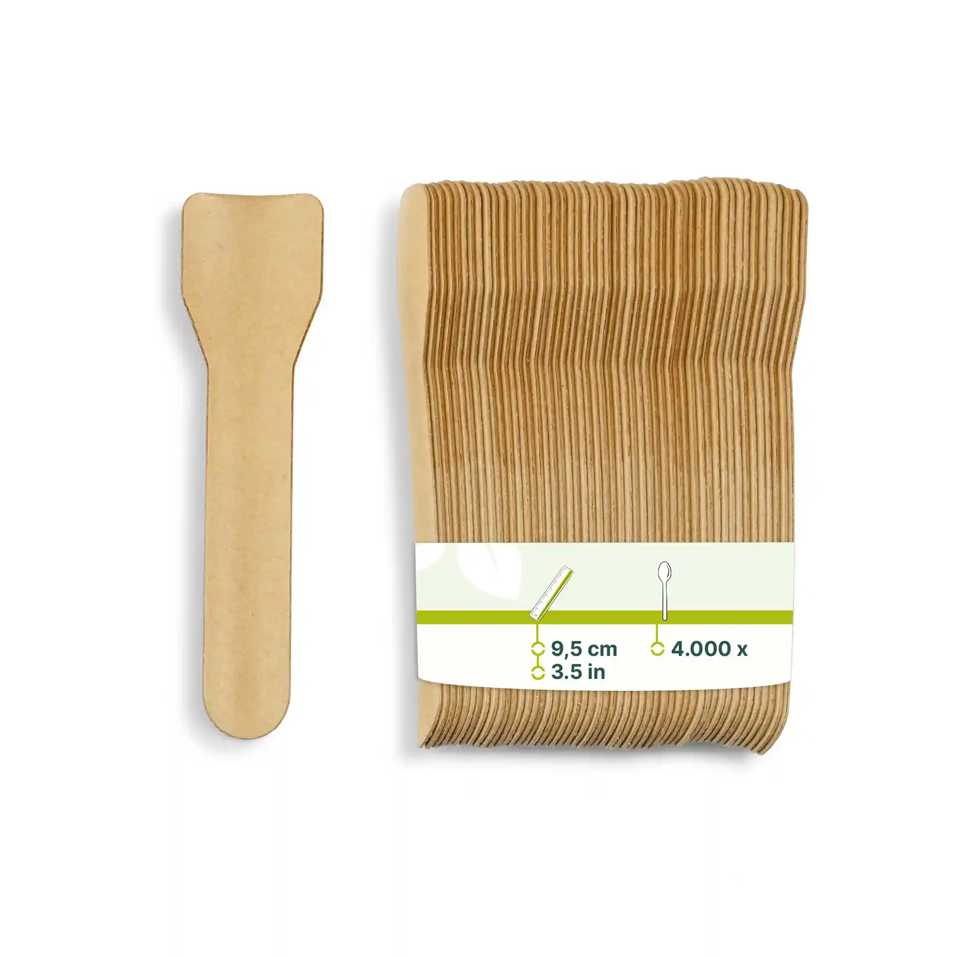 Cuillère en papier brun pour glace, 9,5 cm de long, avec une pile de plusieurs cuillères à côté.