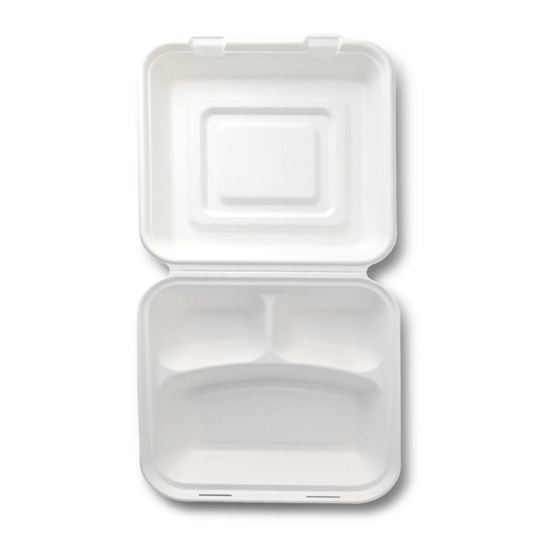 Boîte repas en bagasse, 23,5 x 23,5 x 8 cm, 3 compartiments, couvercle à charnière, rectangulaire