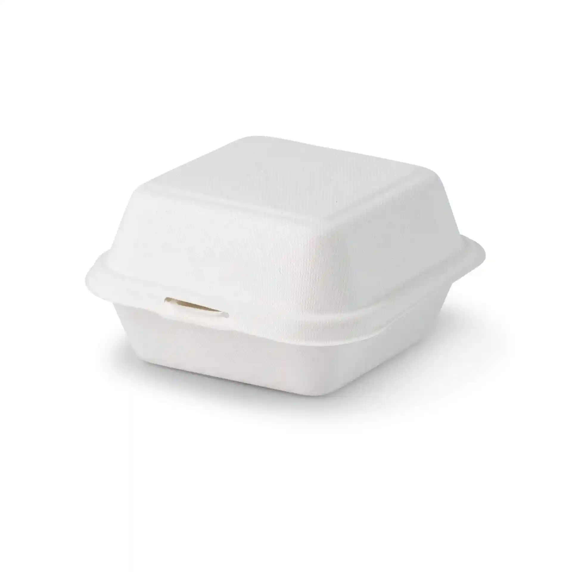Boîte à burger en canne à sucre blanche, forme carrée, mesurant 15 x 15 x 8 cm, avec couvercle à charnière.