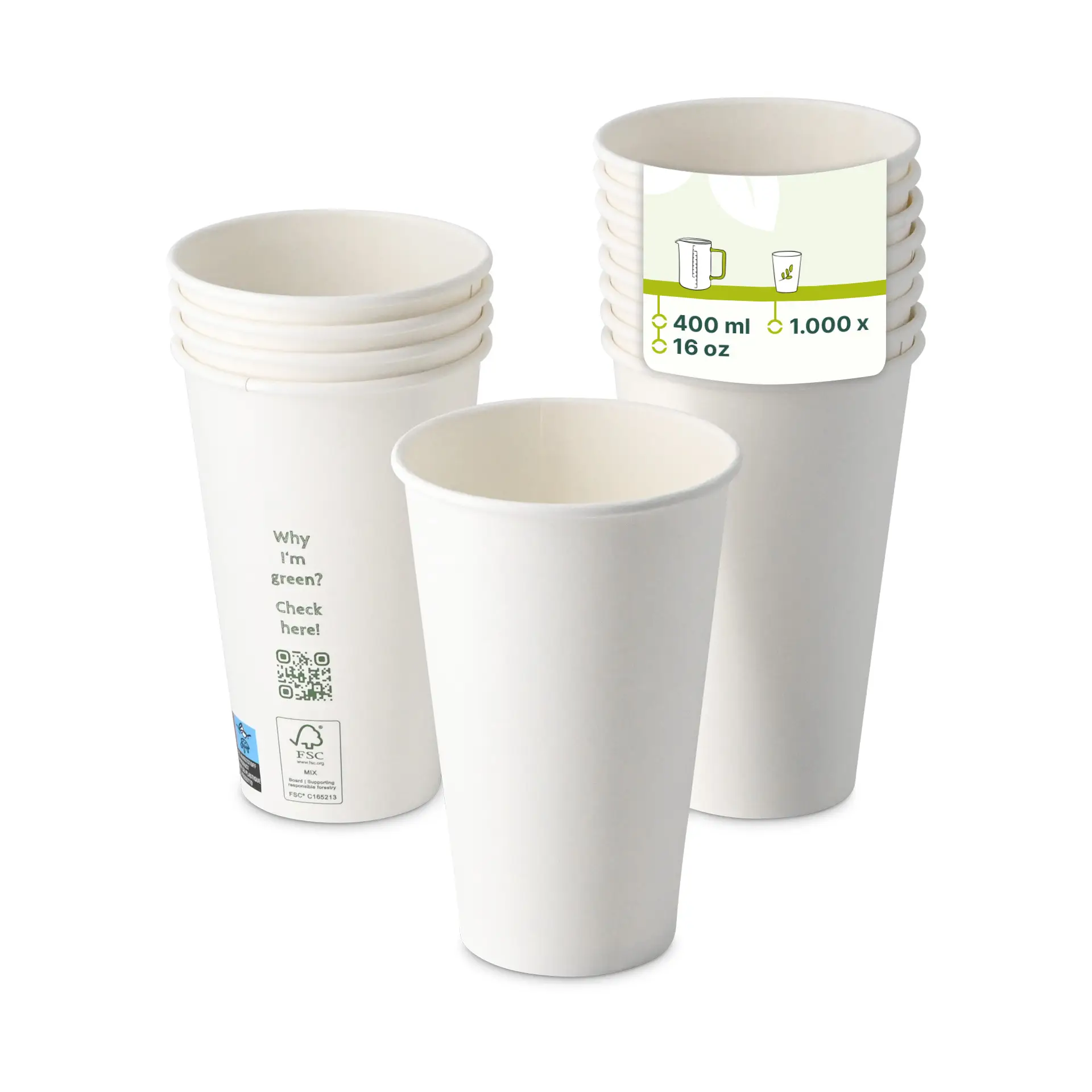 Gobelet en carton 400 ml / 16 oz, Ø 90 mm, simple paroi, blanc, revêtu de PLA