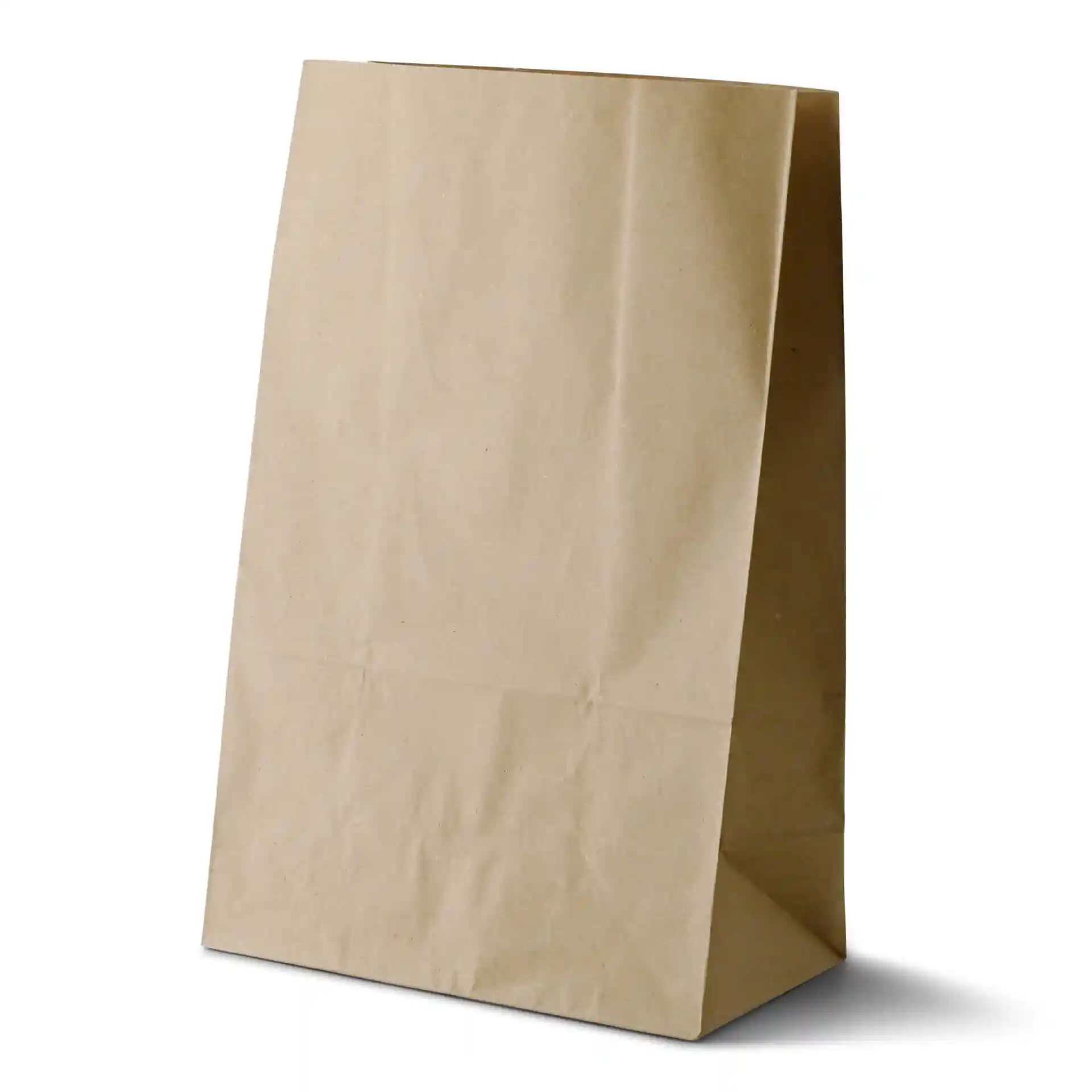 Sac de shopping en kraft marron, forme rectangulaire, dimensions 26 x 14 x 40 cm, sans revêtement ni fenêtre d'observation.