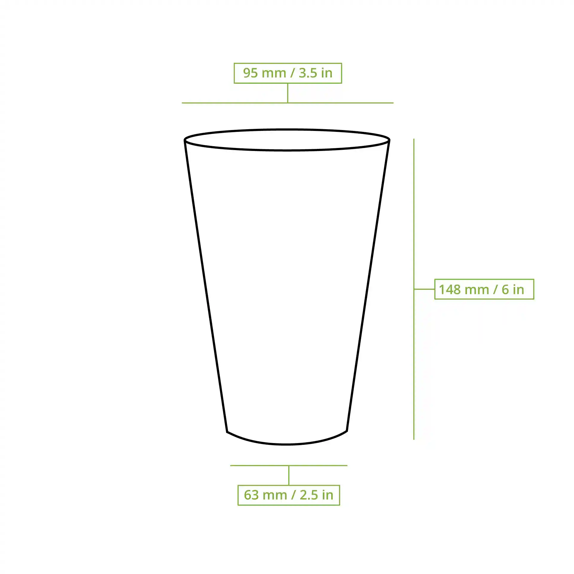 Dessin schématique d'un gobelet avec des lignes de dimension indiquant une hauteur de 148 mm, un diamètre supérieur de 95 mm et un diamètre inférieur de 63 mm.