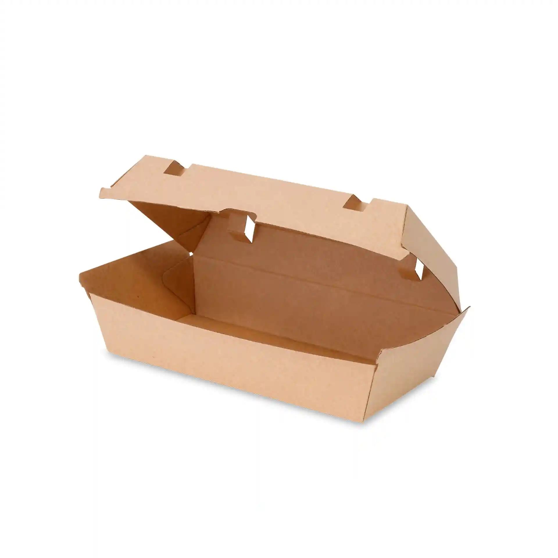 Boîte alimentaire en carton brun avec couvercle articulé, mesurant 24,8 x 13 x 7,5 cm, présentée en position ouverte.