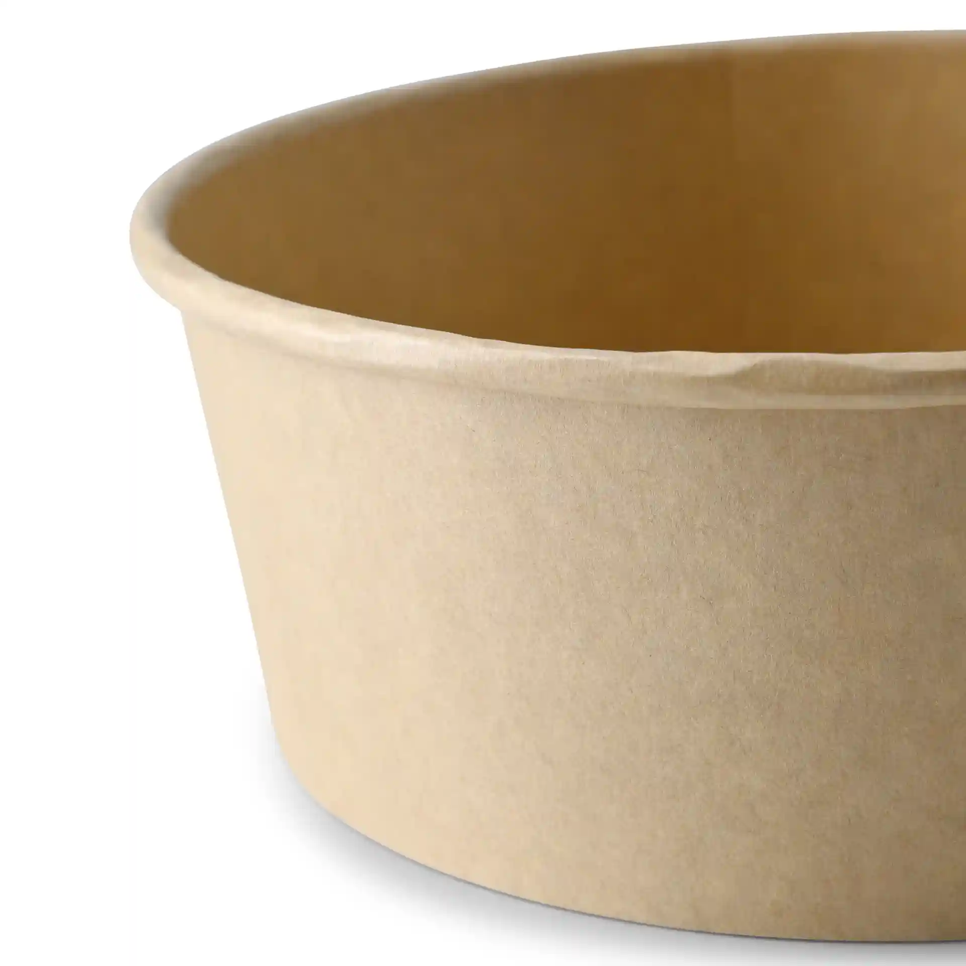 Bol en carton brun de forme ronde, intérieur visible et hauteur de 65 mm.