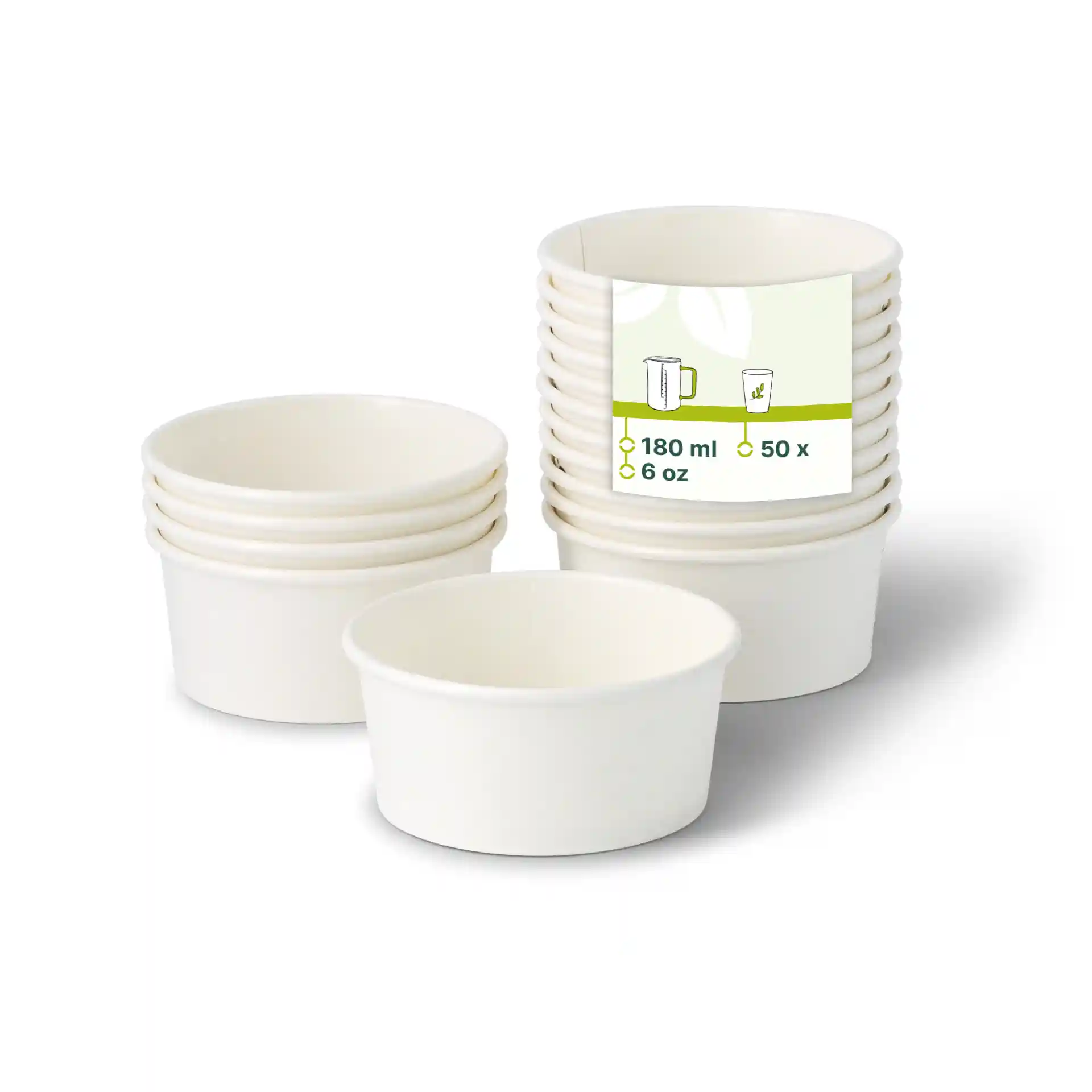 Empilement de gobelets en papier blancs pour glace, forme ronde, avec une étiquette indiquant 180 ml et 50 gobelets.
