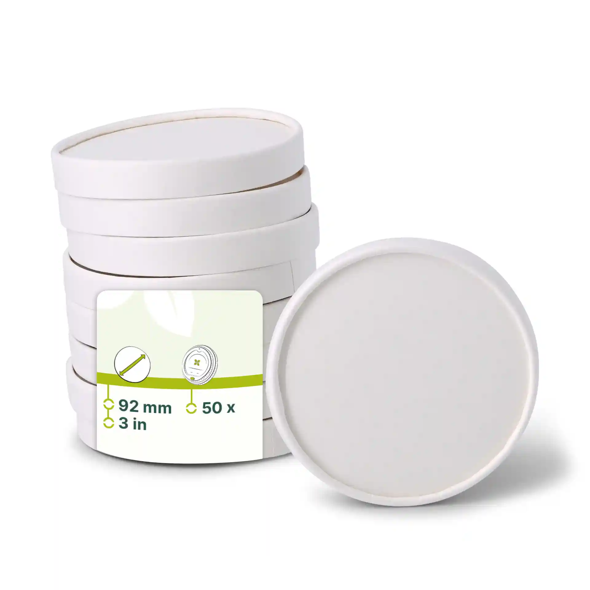Empilement de couvercles en carton blanc pour tubes de glace, forme ronde, 93 mm de diamètre, avec une étiquette indiquant les détails du produit.