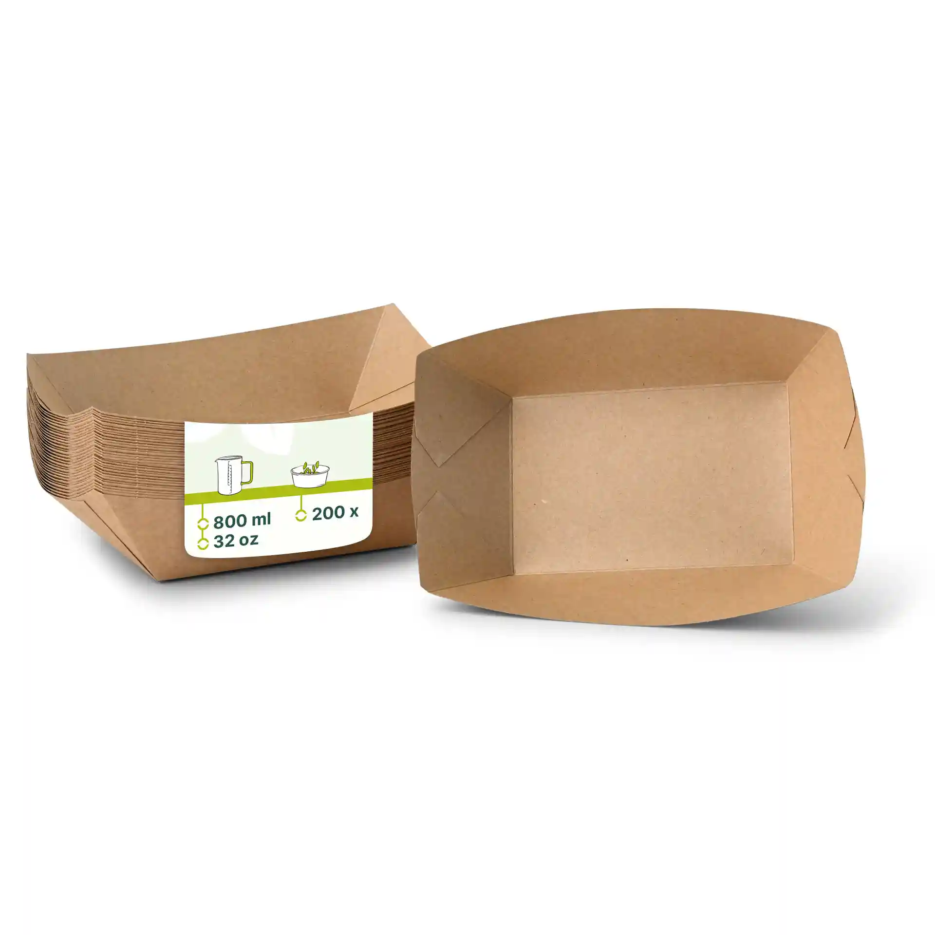 Plateaux alimentaires en carton rectangulaires bruns empilés, avec un plateau légèrement ouvert, montrant une étiquette avec des détails de volume et de quantité.
