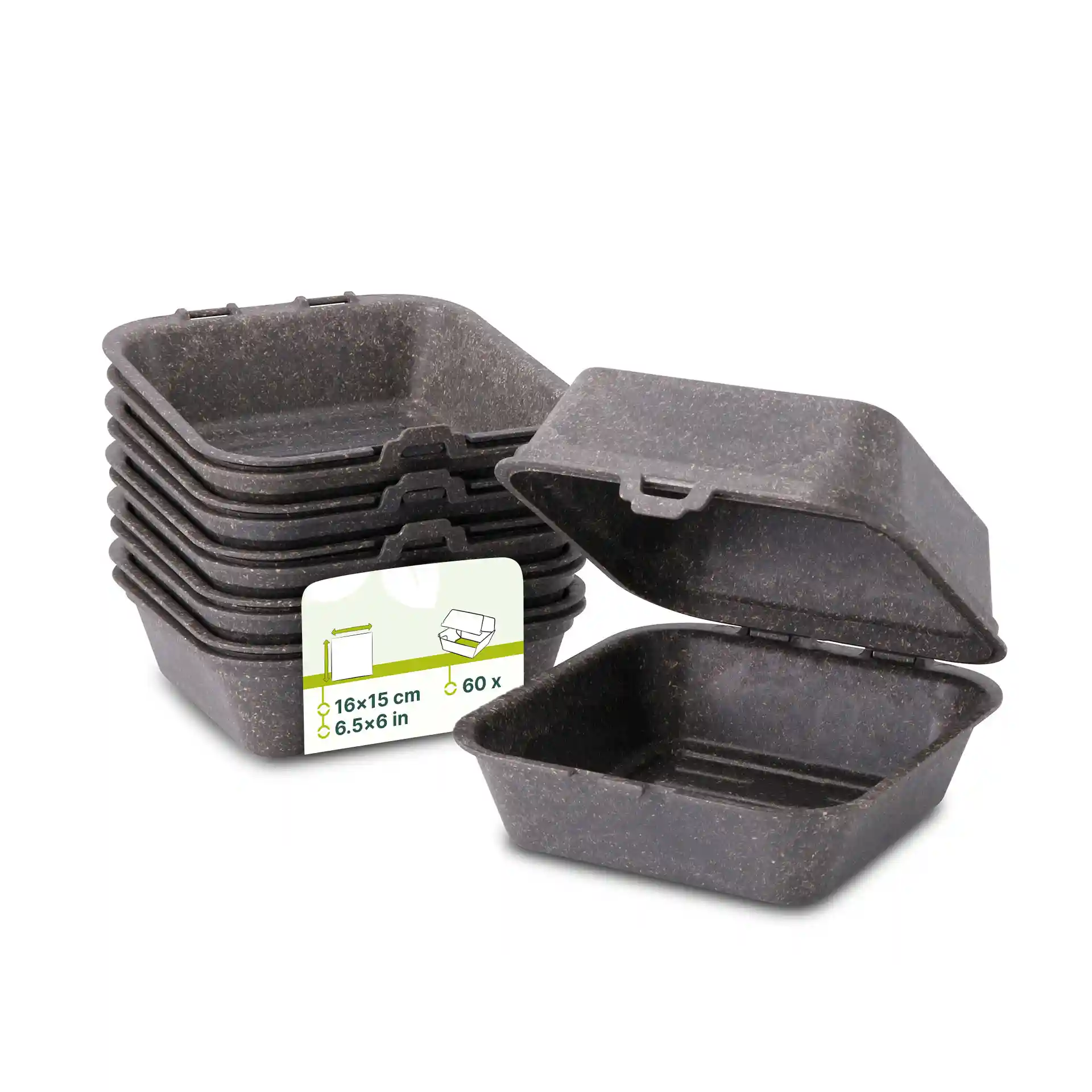 Empilement de boîtes à burgers grises réutilisables, avec une boîte ouverte montrant des dimensions intérieures de 16 x 15 x 8,5 cm.