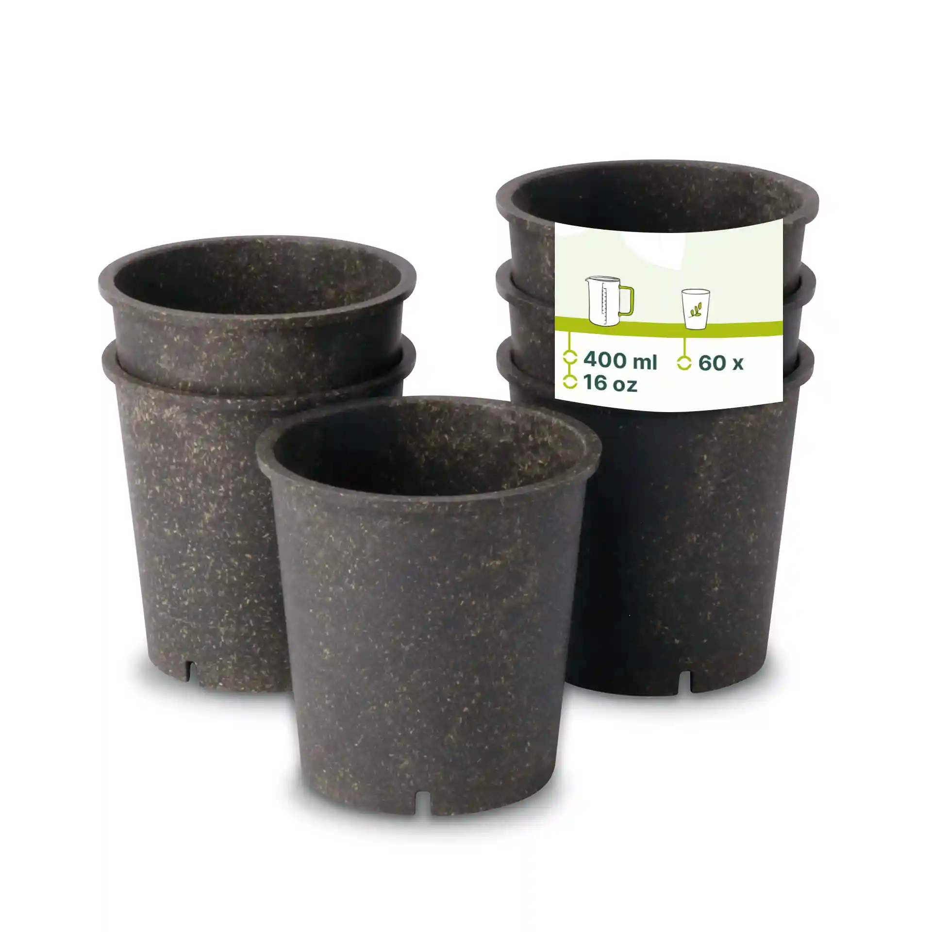 Quatre gobelets réutilisables gris en matériau bio, chacun d'une capacité de 400 ml, présentés avec une étiquette.
