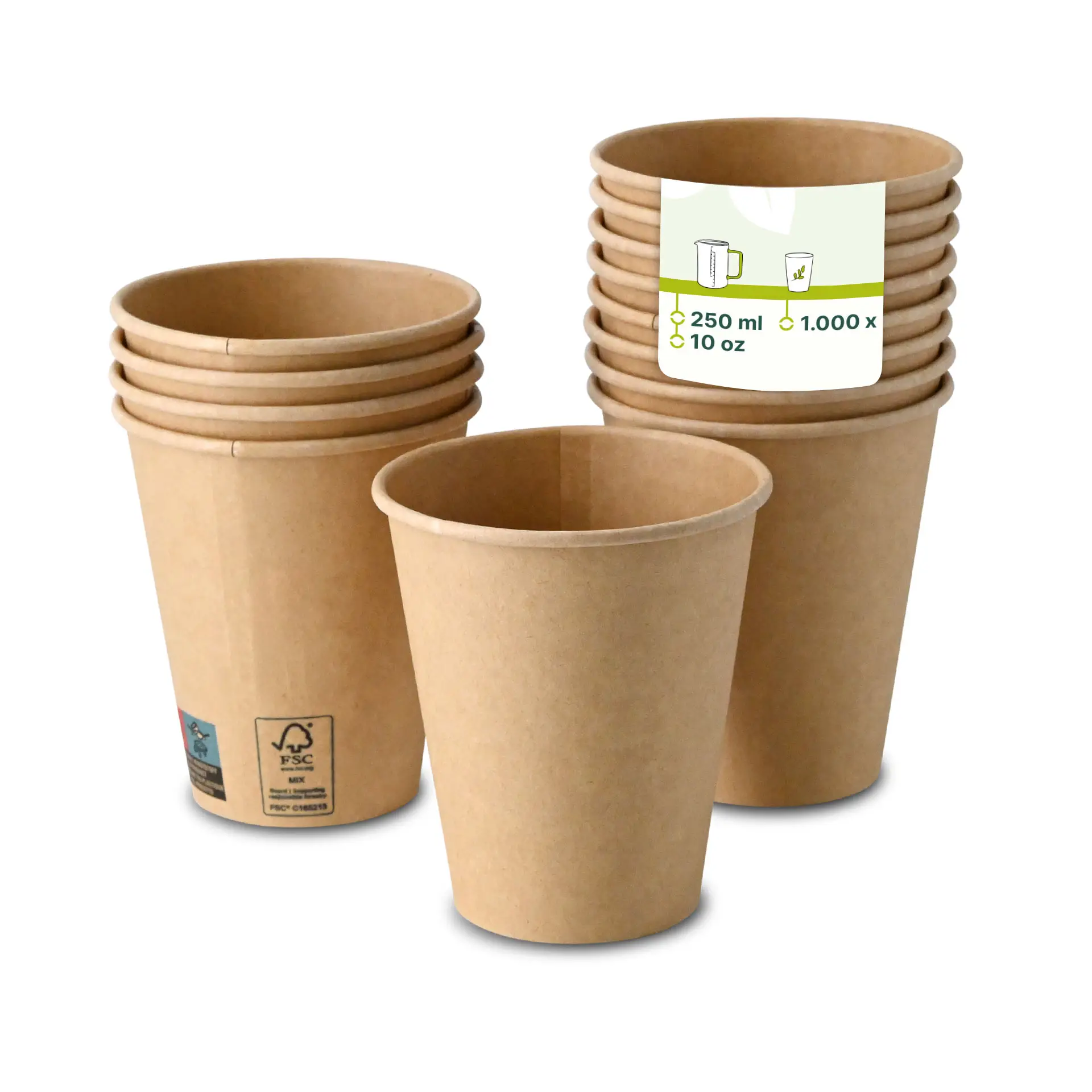 Un gobelet en papier brun de 10 oz au premier plan avec plusieurs gobelets similaires derrière ; présentant un revêtement PE et une étiquette avec spécifications.