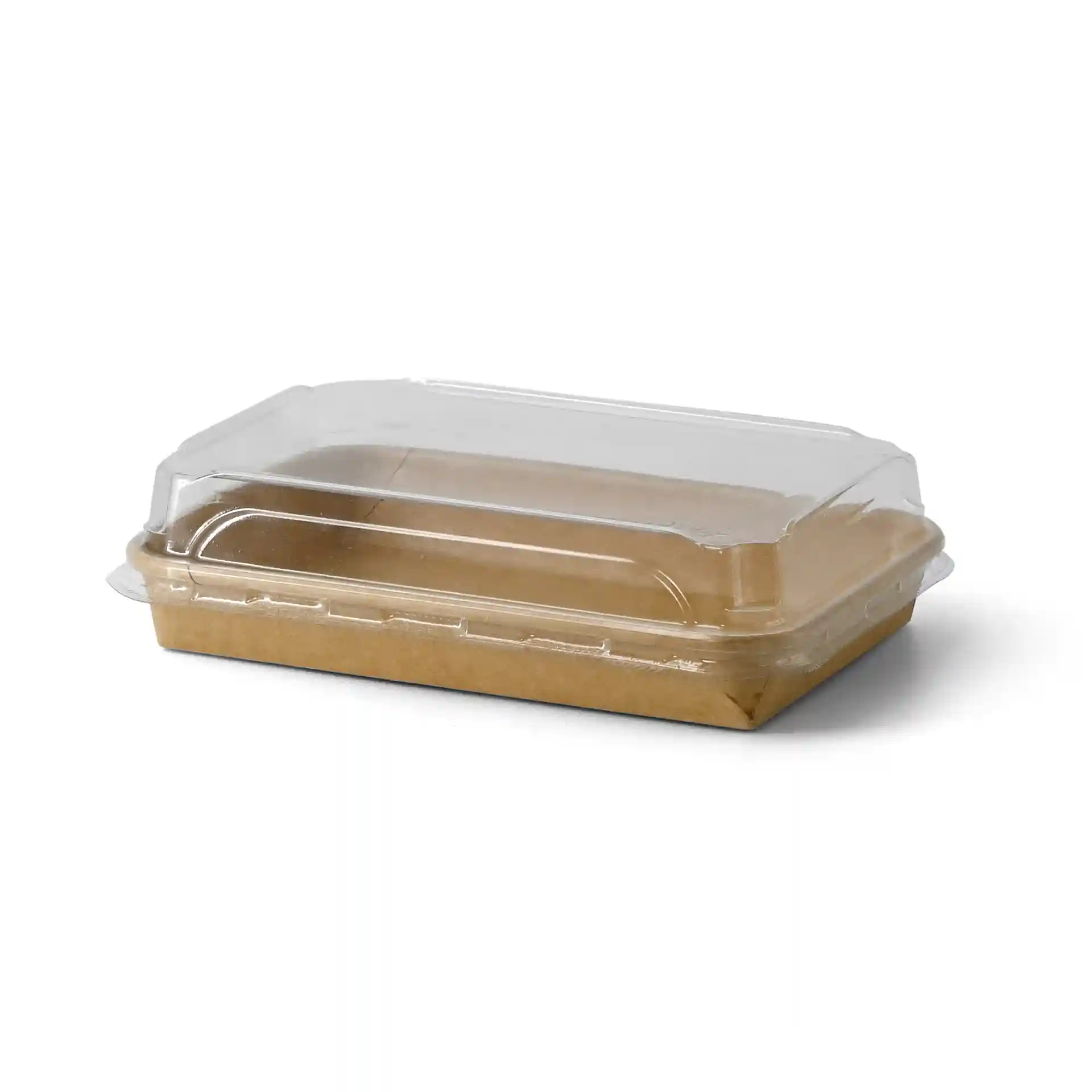 Boîte à sushi marron avec couvercle en plastique transparent, mesurant 22 x 14 x 2,5 cm.