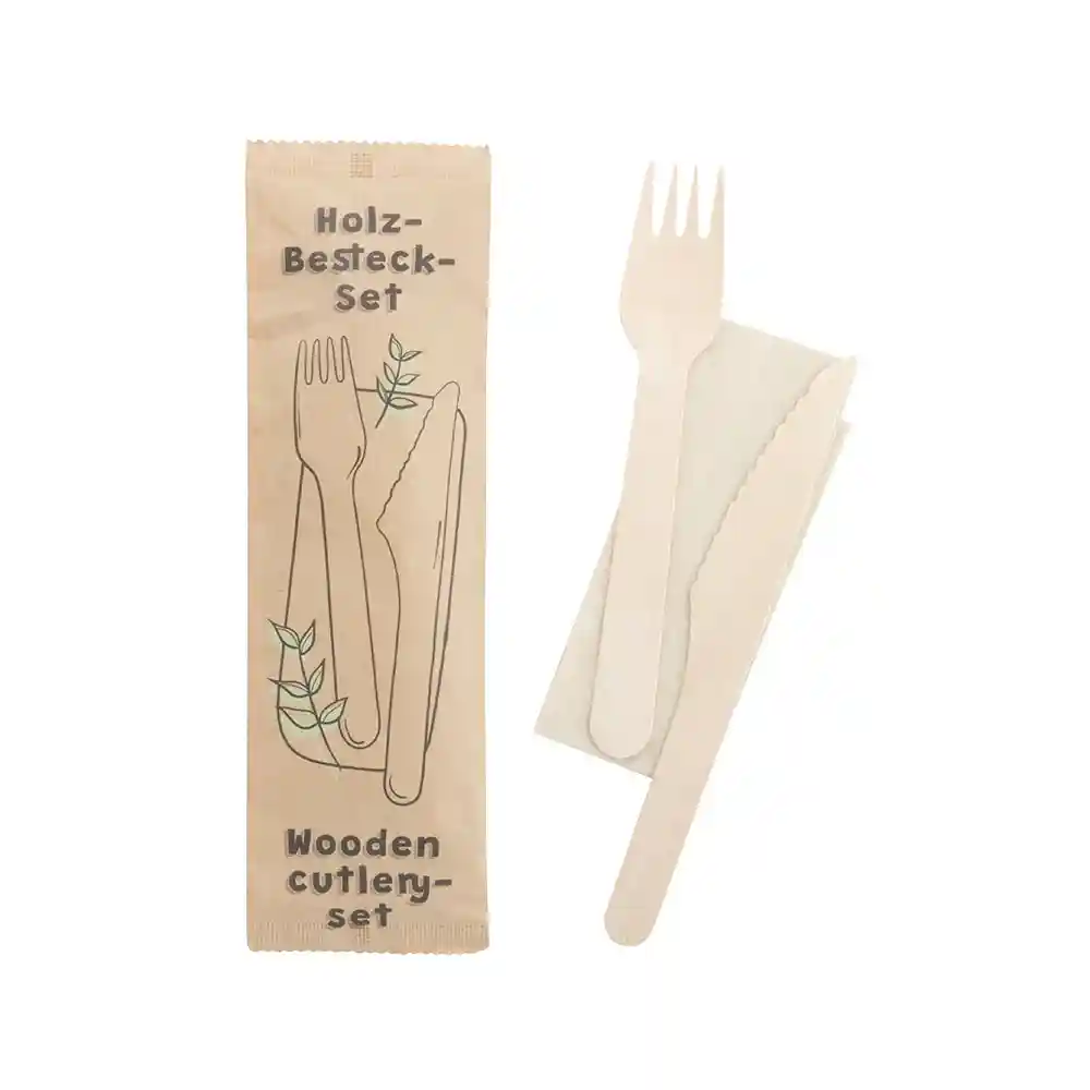 Ensemble de couverts en bois comprenant un couteau, une fourchette et une serviette, emballé dans un emballage marron avec des illustrations.