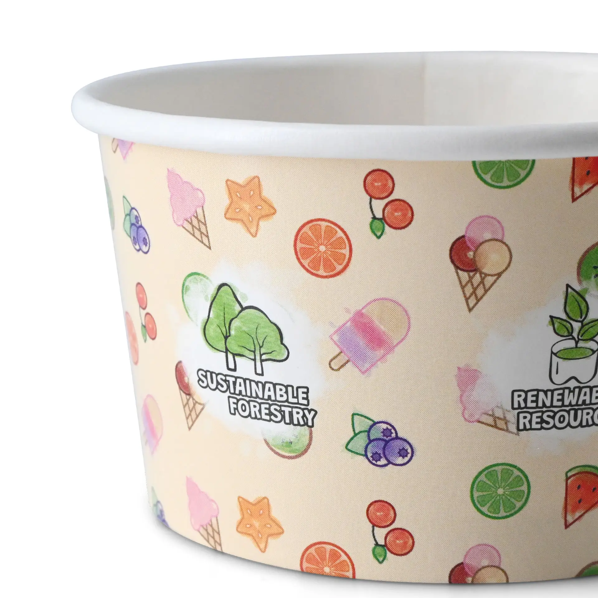 Conteneur à glace en papier illustré avec des motifs colorés, y compris des images de crème glacée et de fruits; inclut des étiquettes de durabilité.