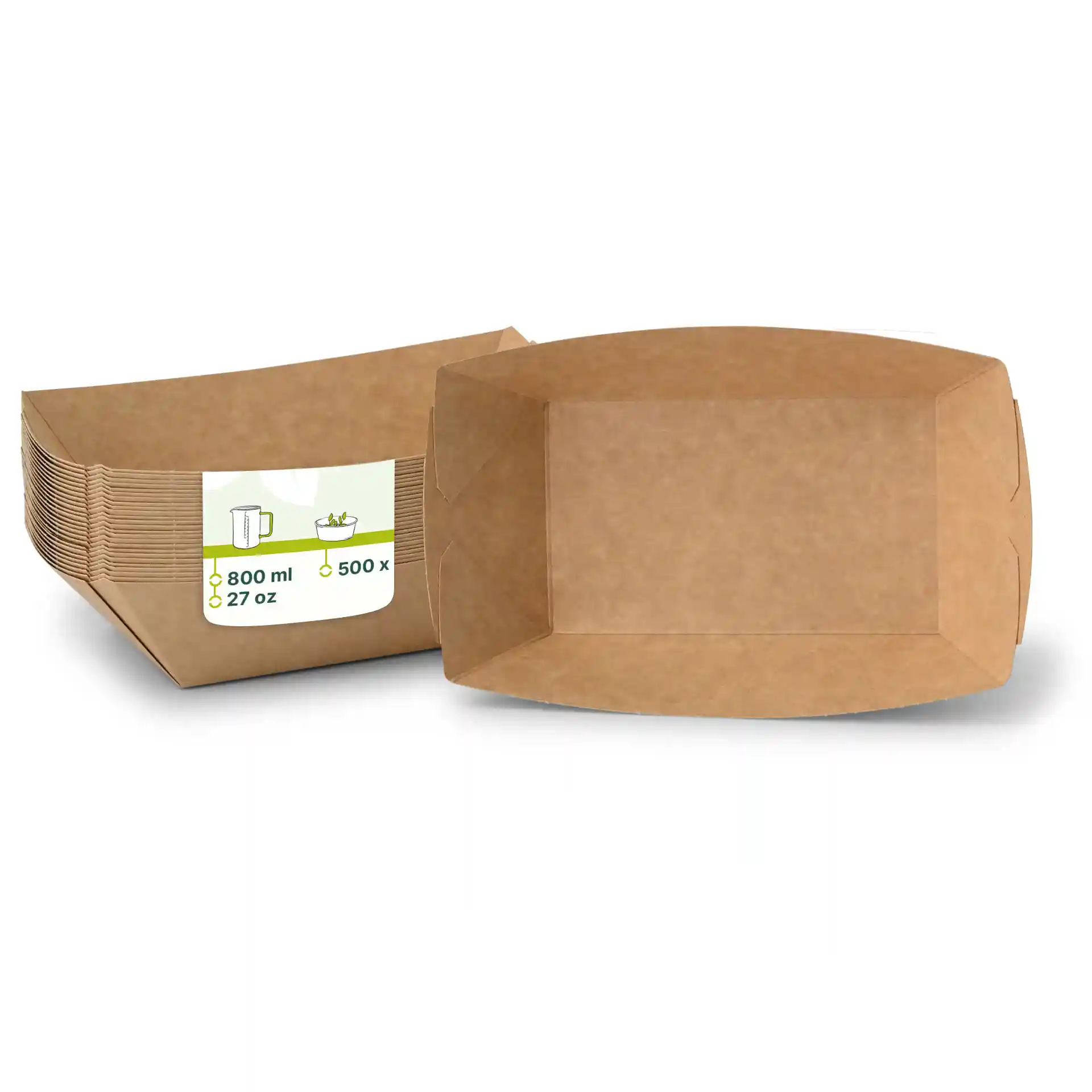 Bols à snacks en carton brun de forme rectangulaire, avec un bol visible et plusieurs empilés derrière.