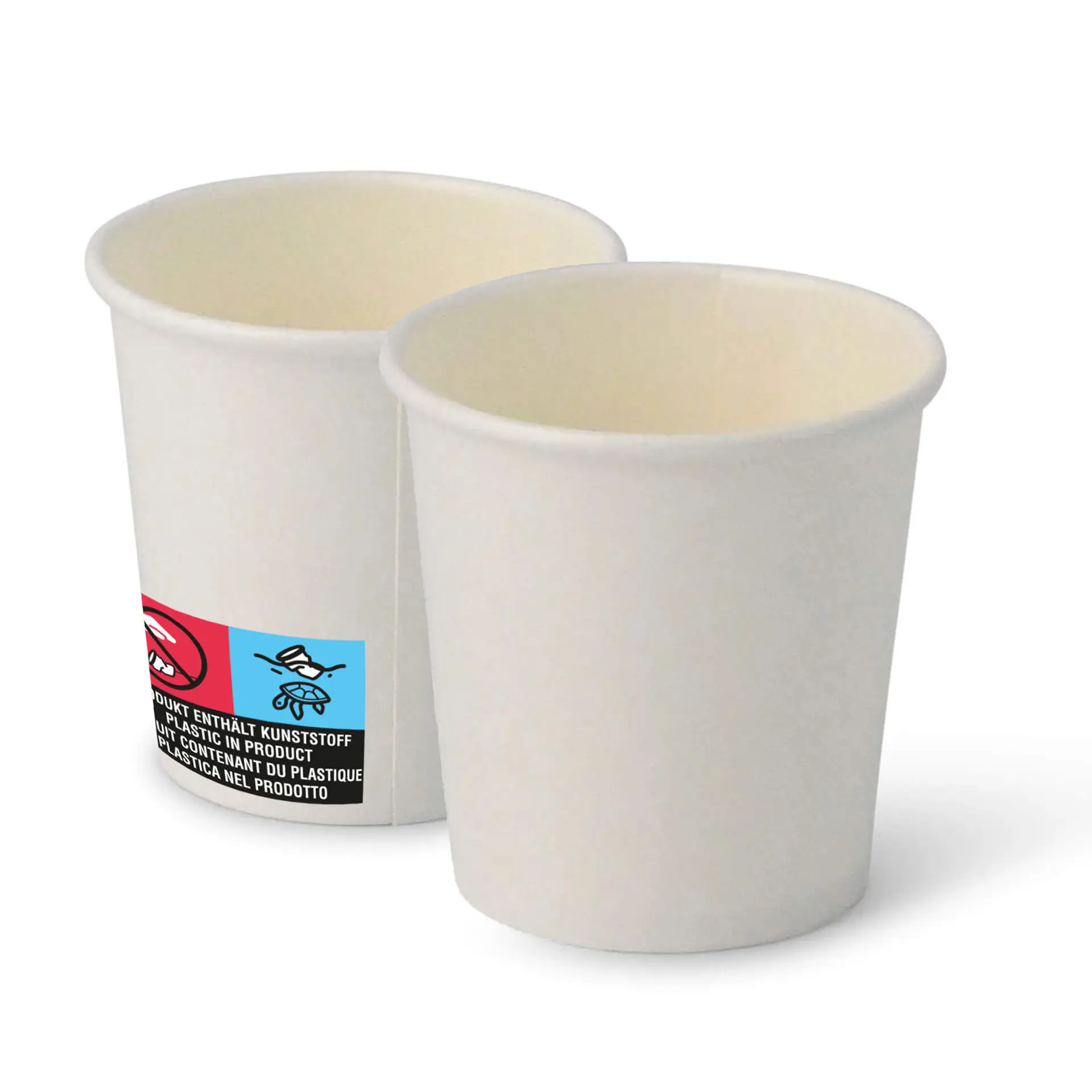 Gobelets en papier blancs, taille 4 oz, avec revêtement PE et design classique, empilés avec une étiquette visible.