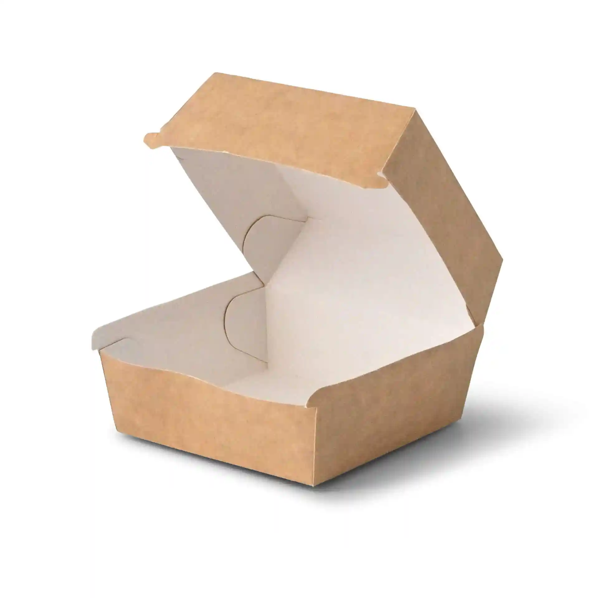 Boîte à burger en carton brun à emporter avec couvercle ouvert, mesurant 11 x 11 x 8 cm.