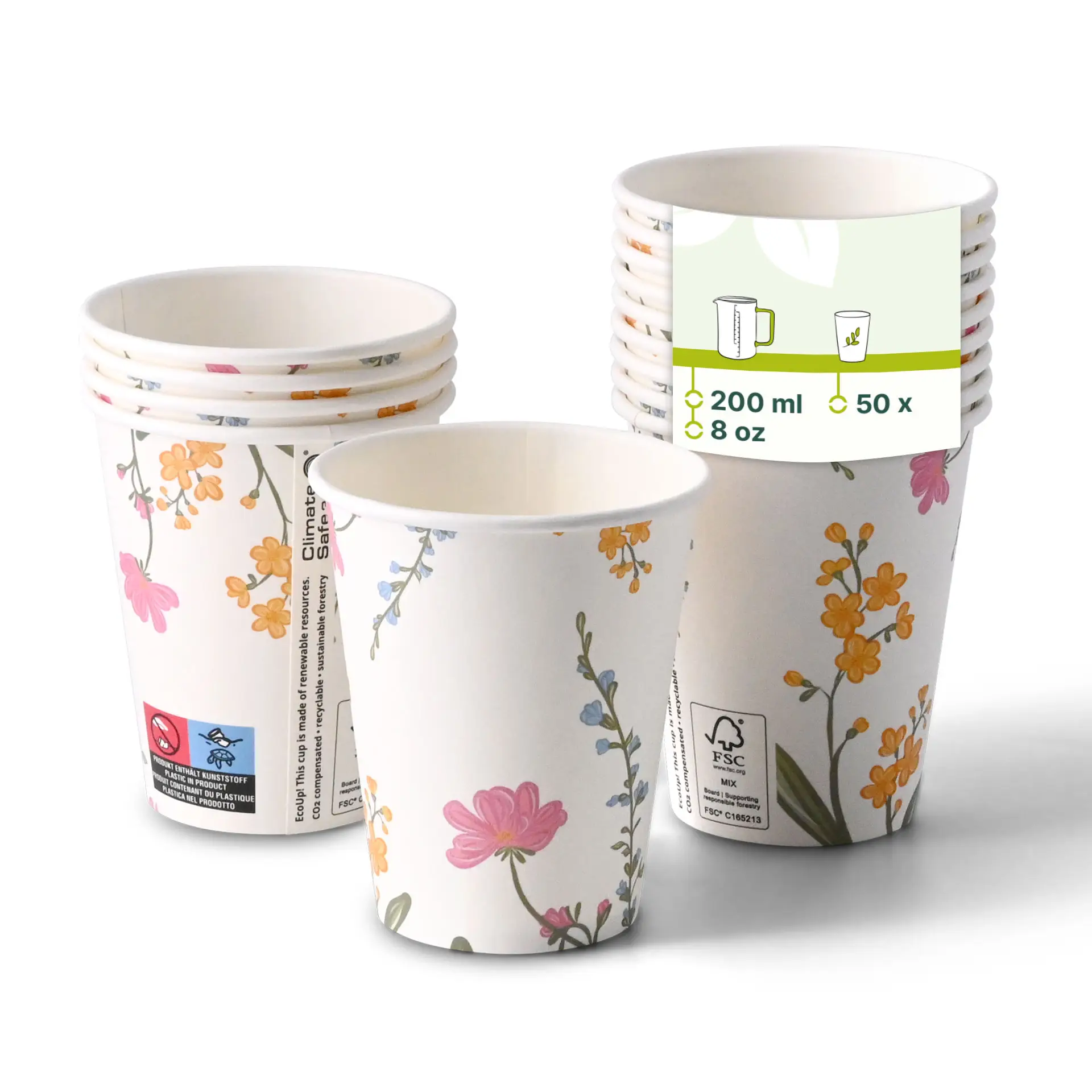 Gobelet en carton imprimé "Printemps" (revêtu) 200 ml / 8 oz, Ø 80 mm, blanc