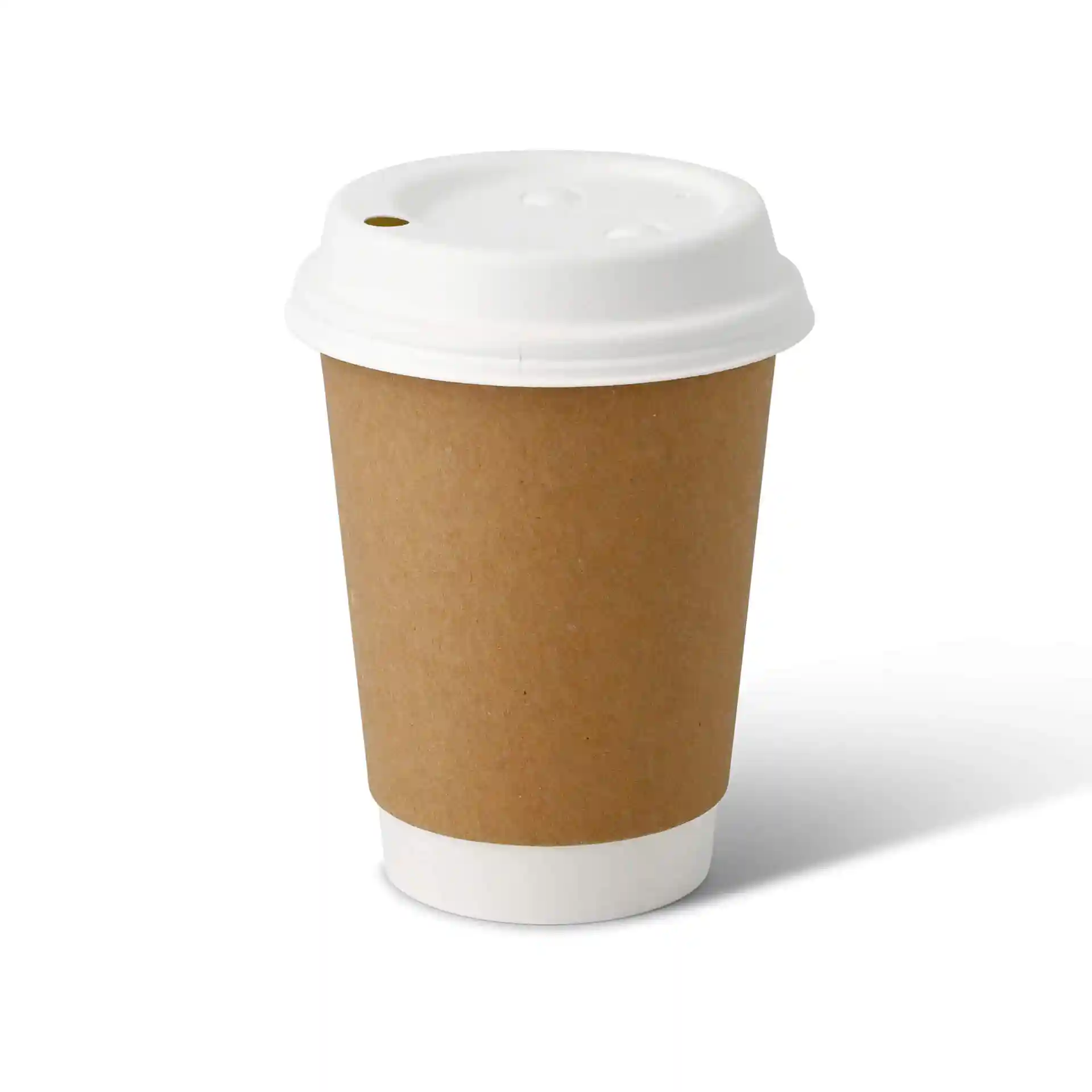 Gobelet en carton double paroi marron avec couvercle blanc, capacité de 12 oz et forme ronde.