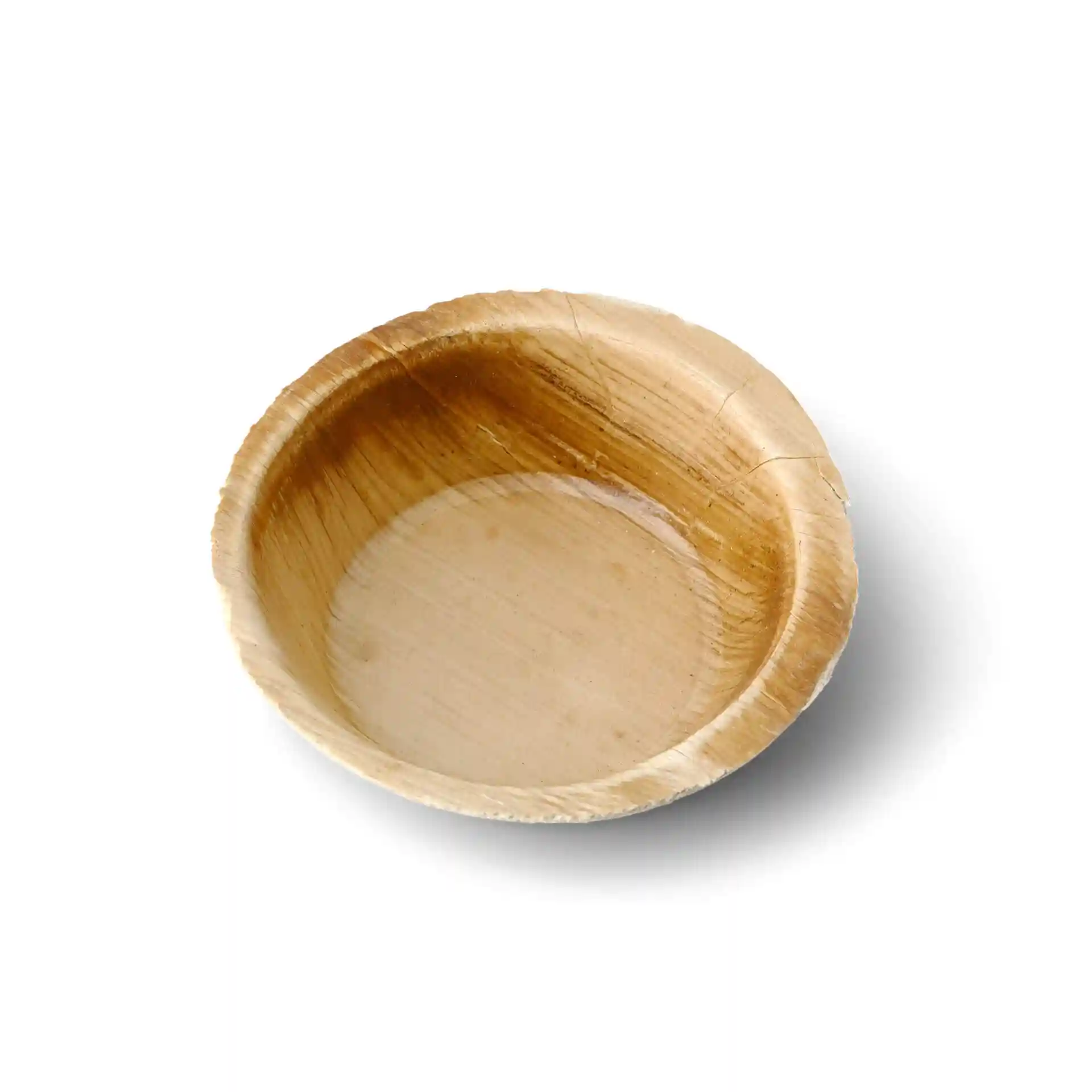 Bol rond en feuille de palmier de 78 mm de diamètre et 25 mm de profondeur, avec une finition en grain naturel.