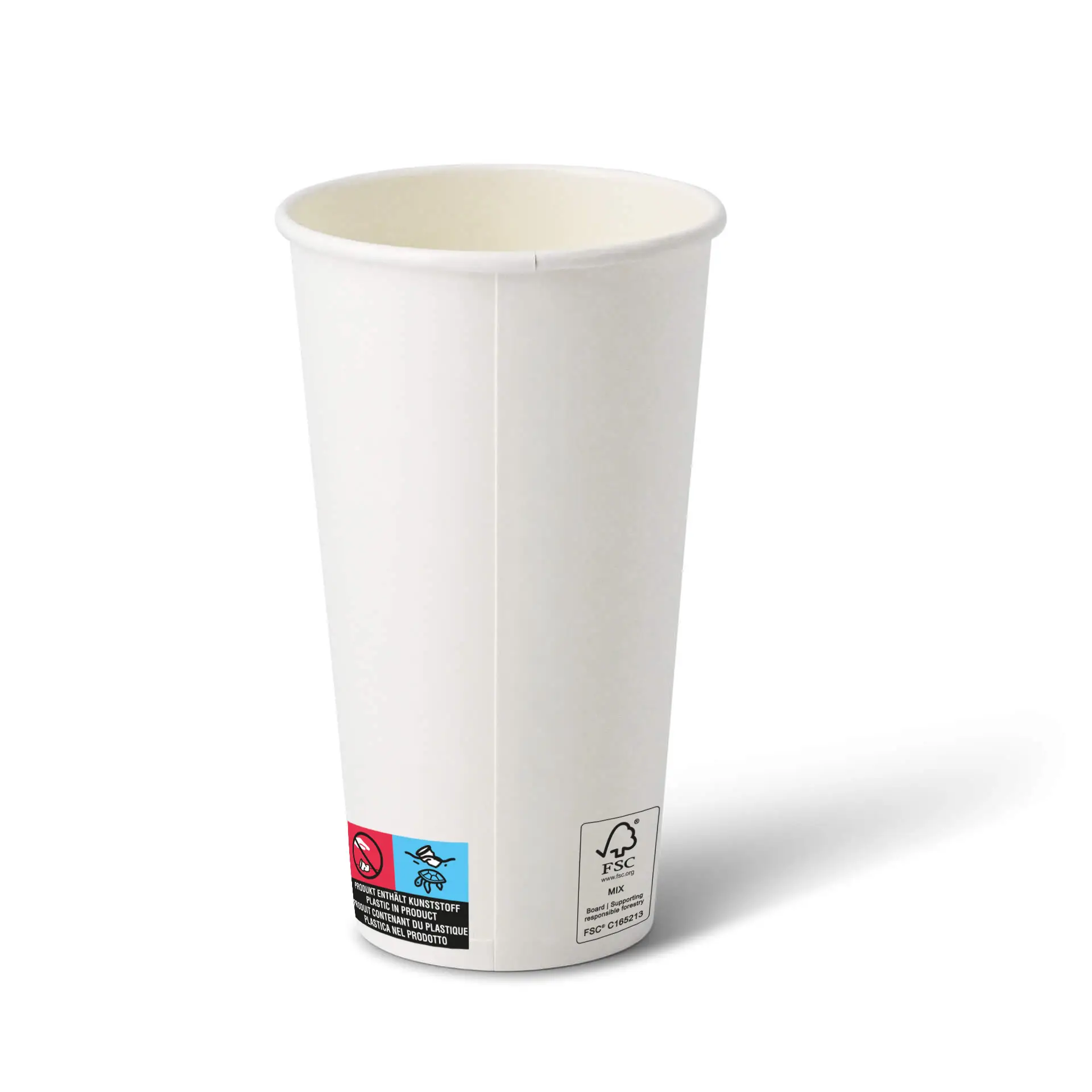 Gobelet en papier blanc, 20 oz, recouvert de PE, de forme ronde avec des symboles de sécurité et de certification visibles sur le côté.