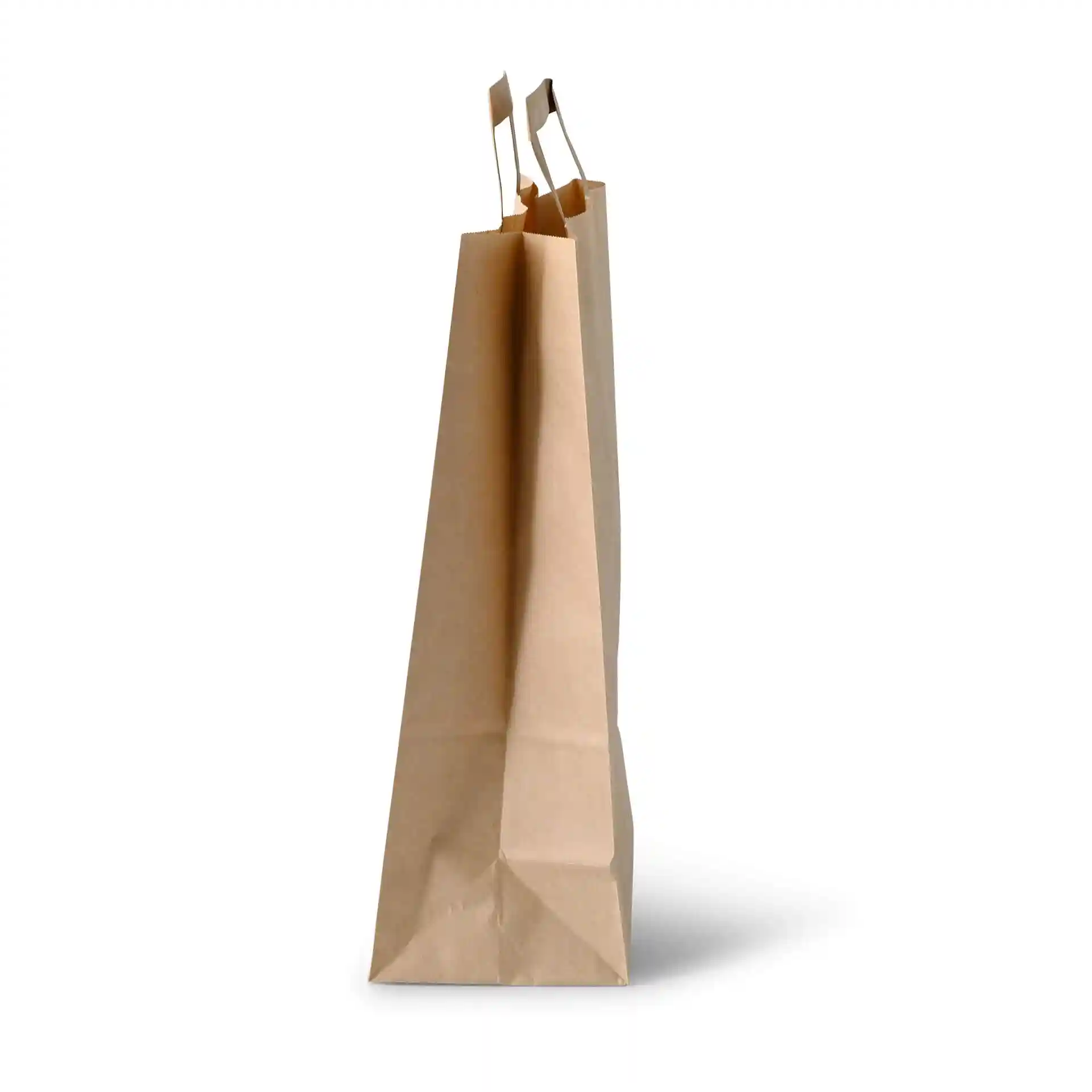 Sac en papier brun avec base rectangulaire et deux poignées, mesurant 26 x 12 x 35 cm.