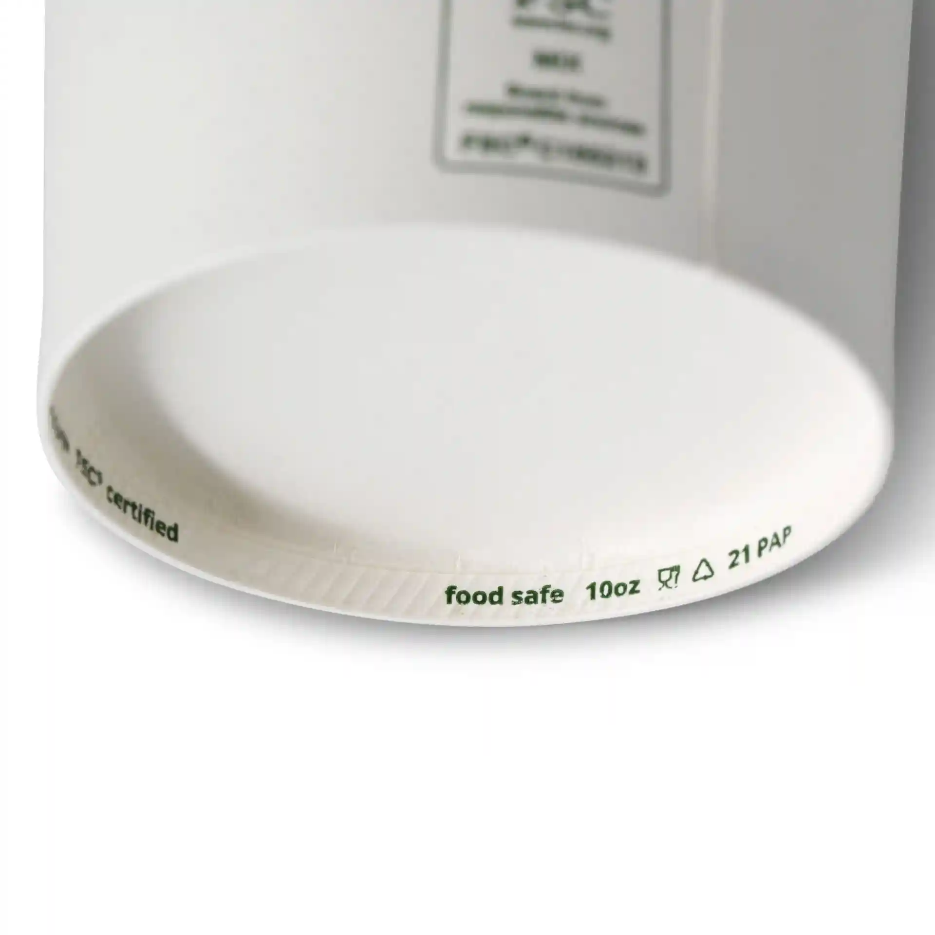 Pot de crème glacée en papier blanc de 92 mm de diamètre, avec des marquages pour la sécurité alimentaire et la capacité au fond.