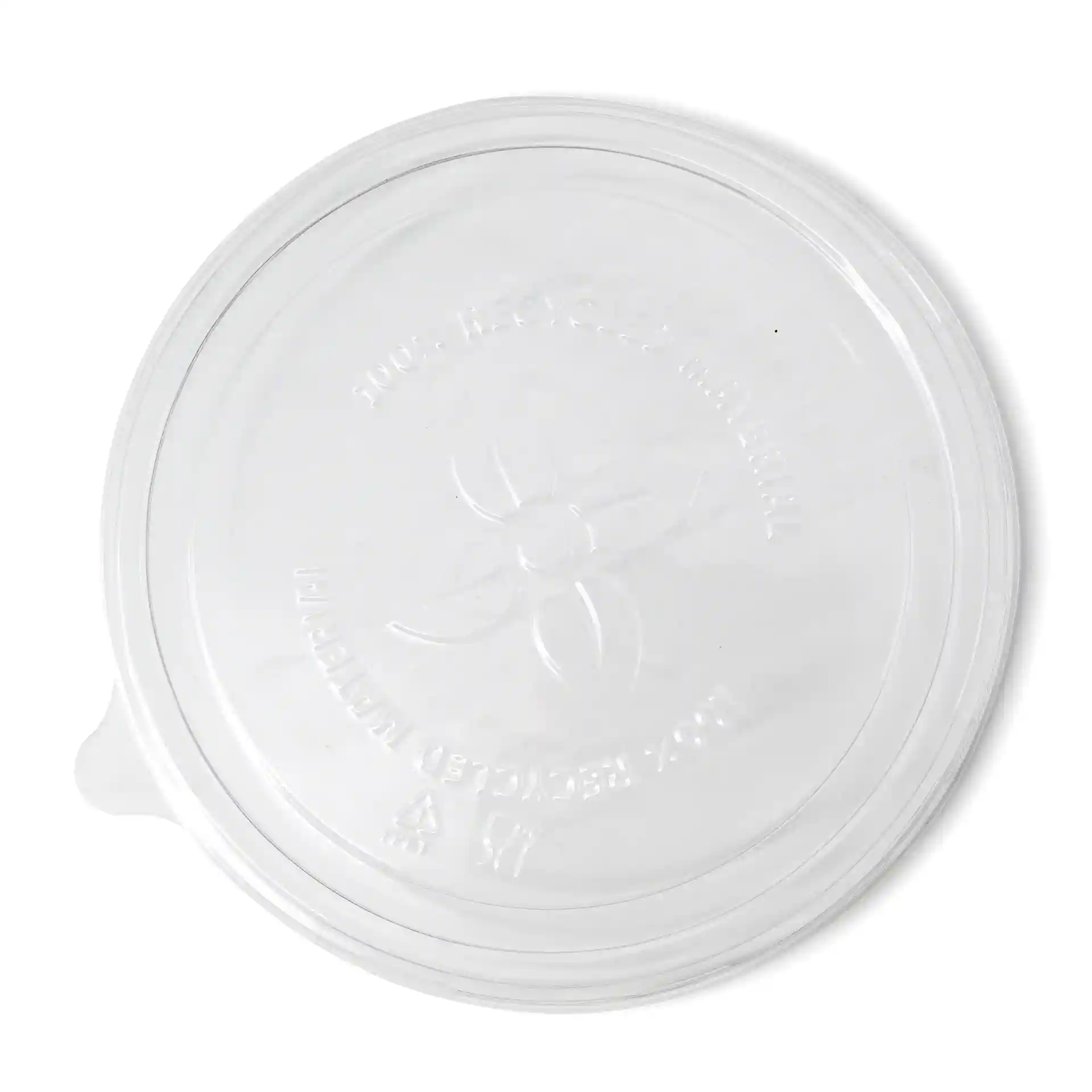Couvercle rond transparent en rPET, d'un diamètre de 141 mm et surface lisse.